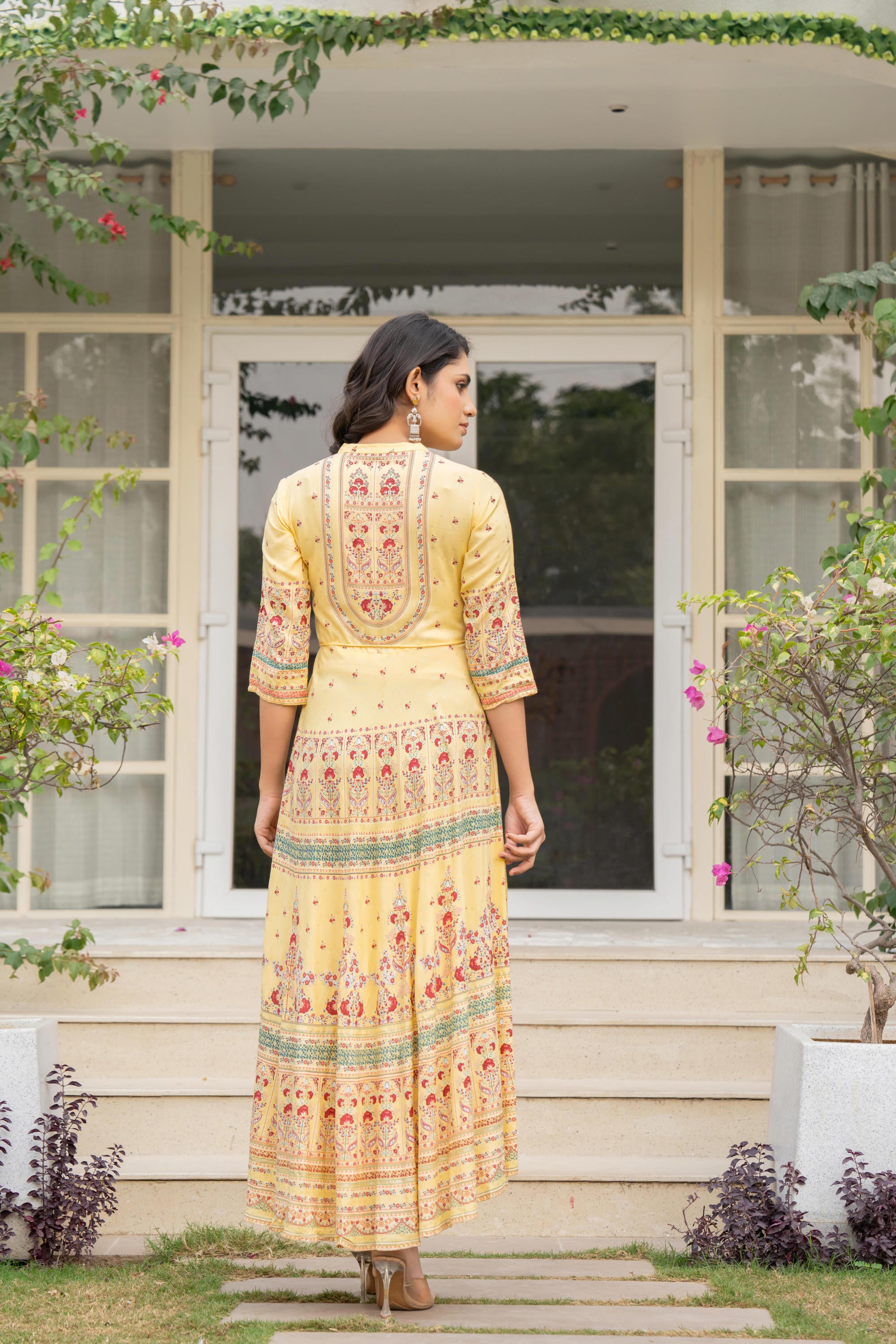 Yellow Ethnic Motif Printed Liva RayonDress With Dori & Kaudis