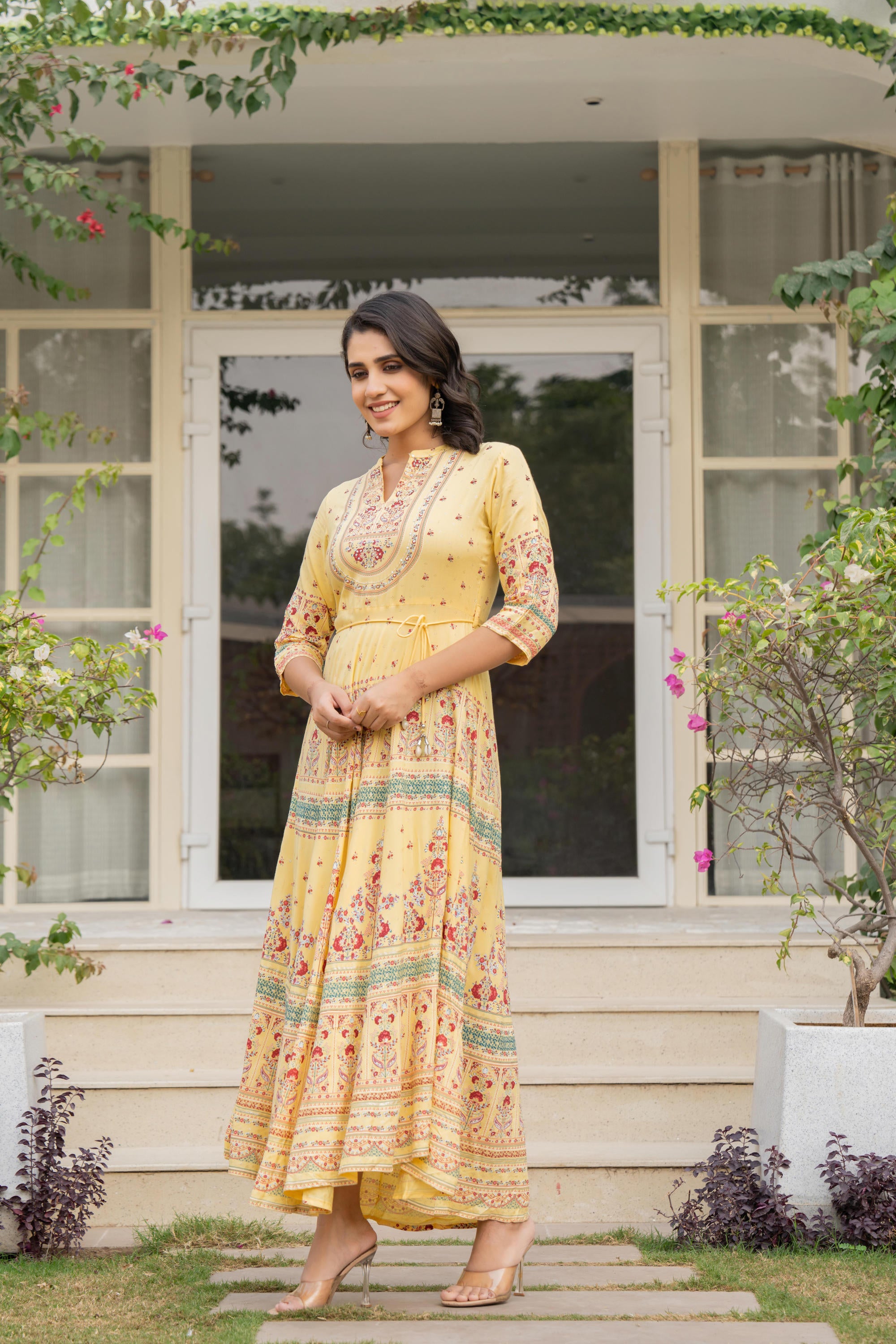 Yellow Ethnic Motif Printed Liva RayonDress With Dori & Kaudis