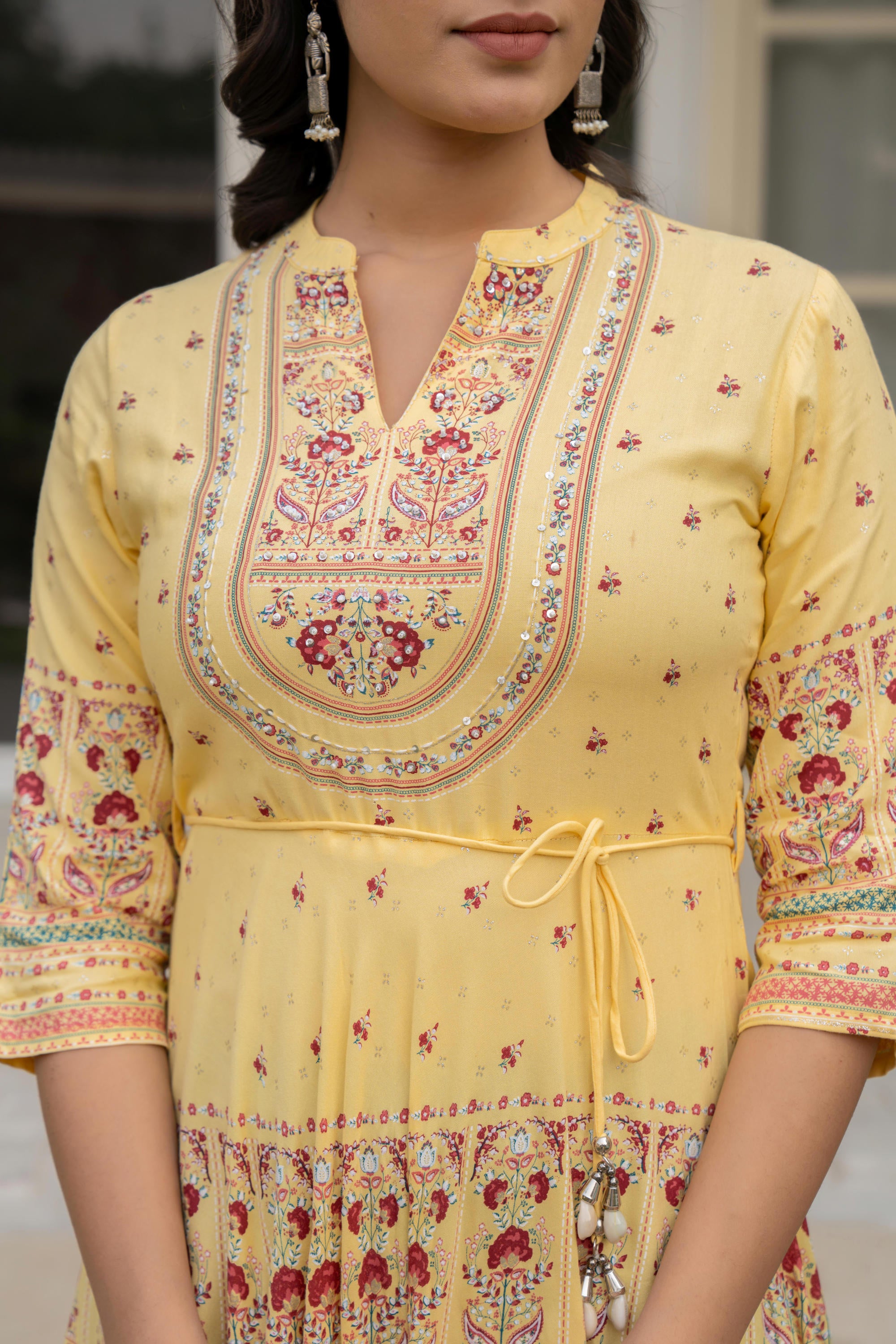 Yellow Ethnic Motif Printed Liva RayonDress With Dori & Kaudis