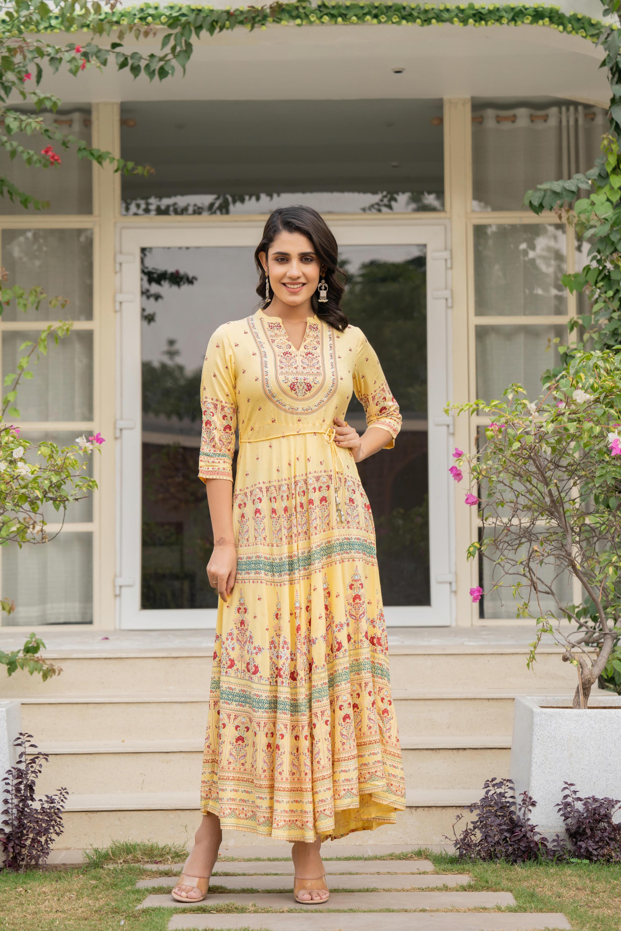 Yellow Ethnic Motif Printed Liva RayonDress With Dori & Kaudis