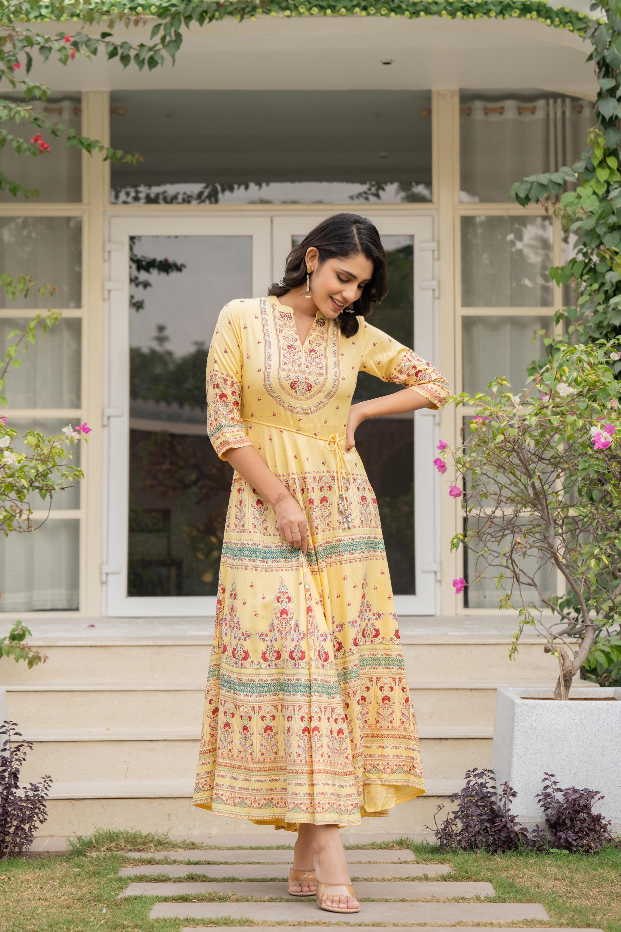 Yellow Ethnic Motif Printed Liva RayonDress With Dori & Kaudis