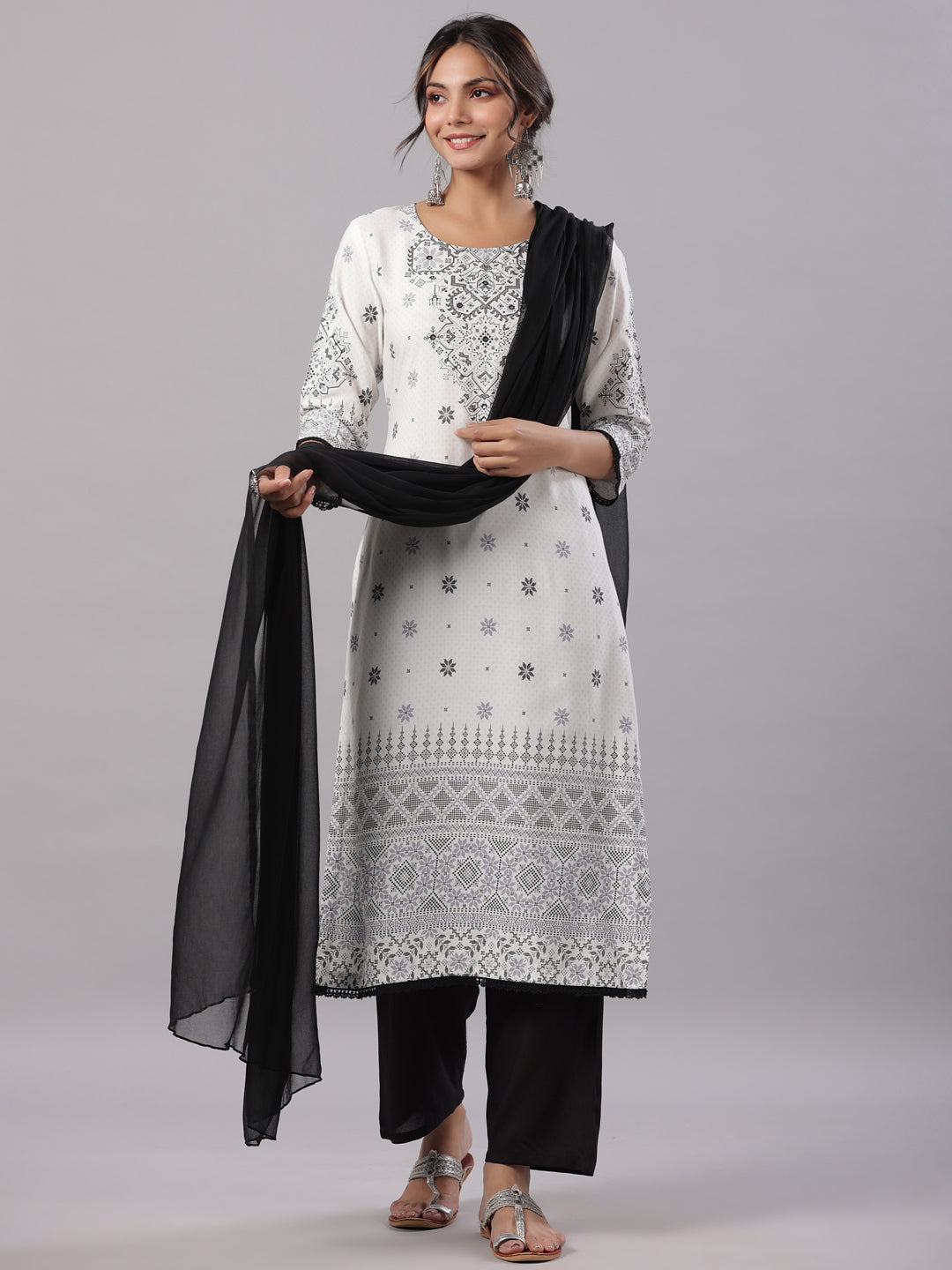 Juniper Women White Rayon Printed Kurta, Pants & Dupatta Set