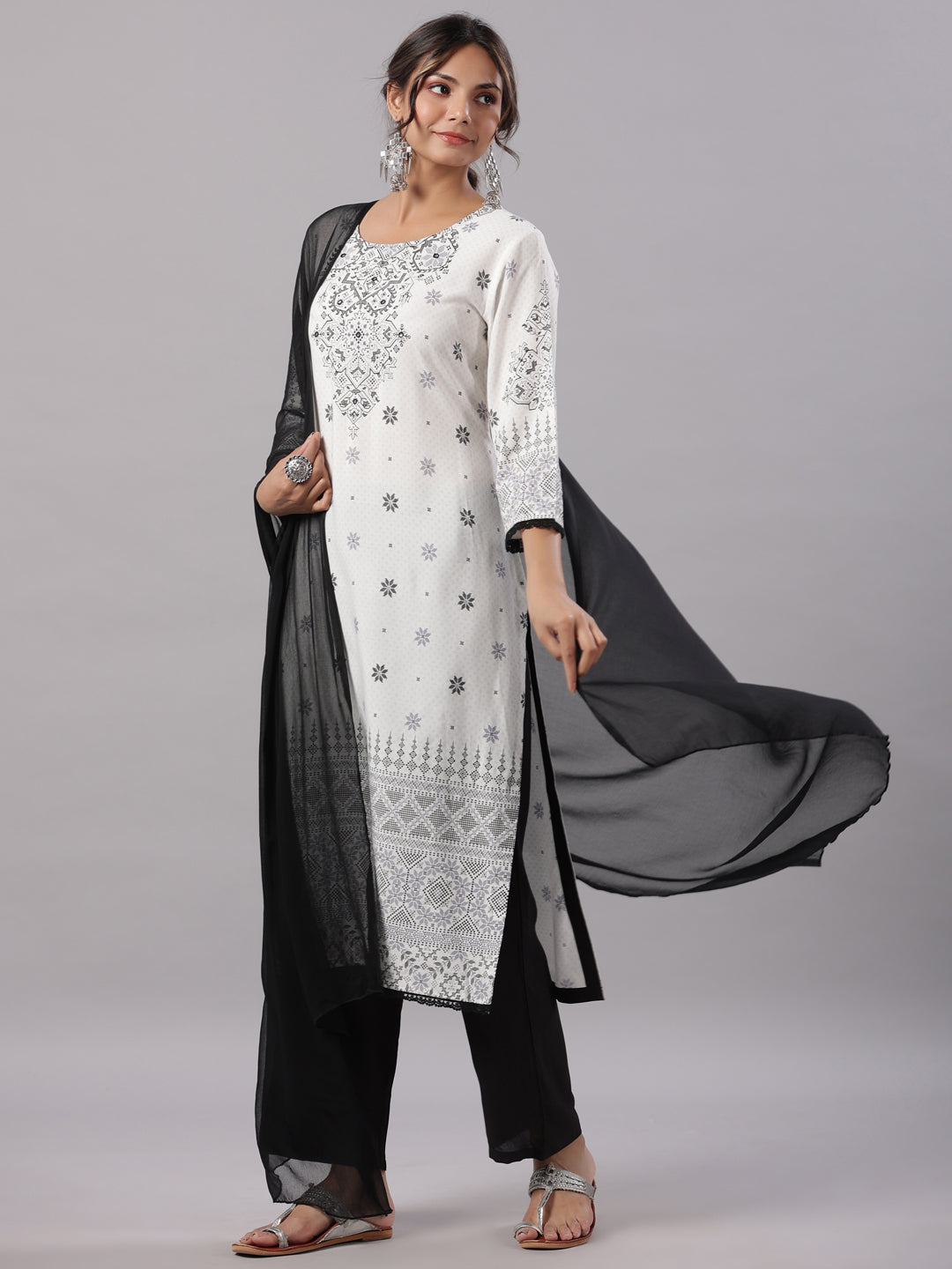 Juniper Women White Rayon Printed Kurta, Pants & Dupatta Set