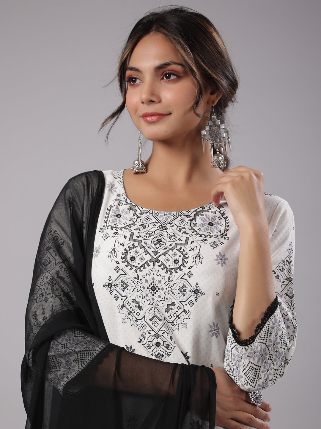 Juniper Women White Rayon Printed Kurta, Pants & Dupatta Set