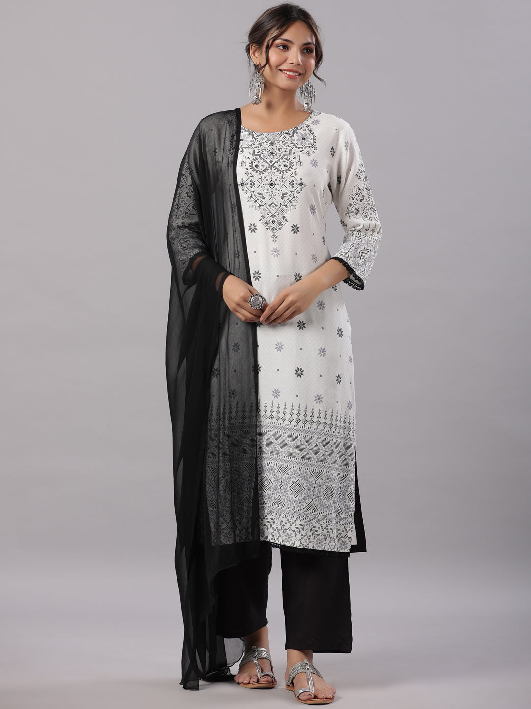 Juniper Women White Rayon Printed Kurta, Pants & Dupatta Set