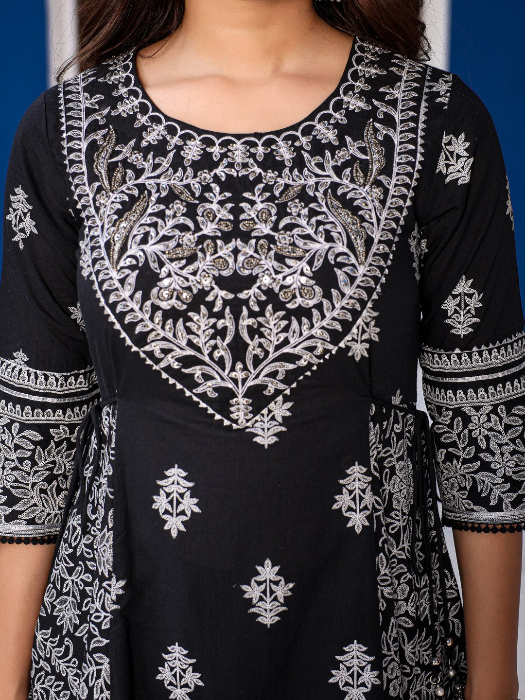 Black & White Ethnic Motif Printed Pure Cotton Flared Maxi Kurta With Pant Set With Beads & Sequins