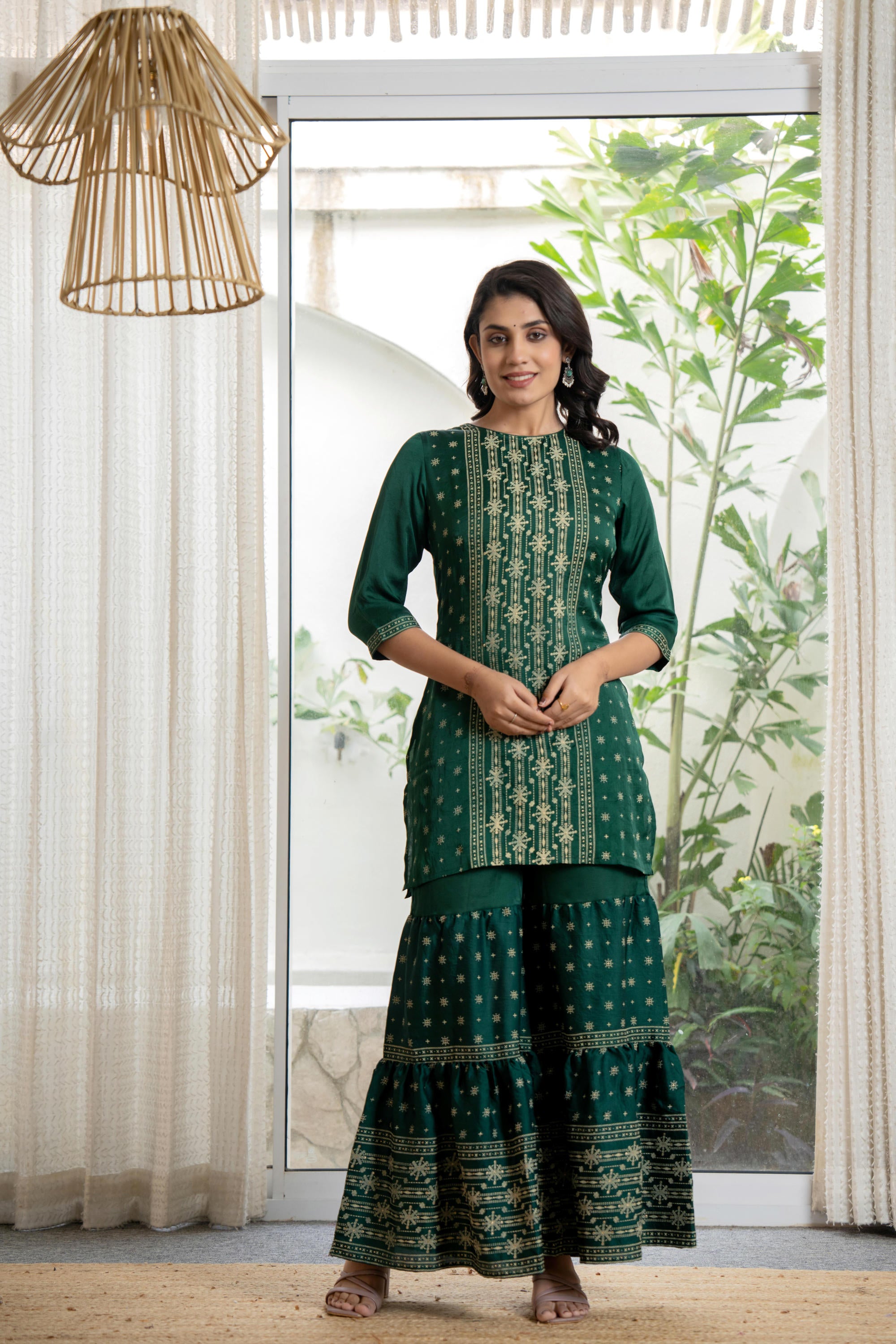 Green mono viscose embroidered tunic, sharara, and poly chanderi dupatta