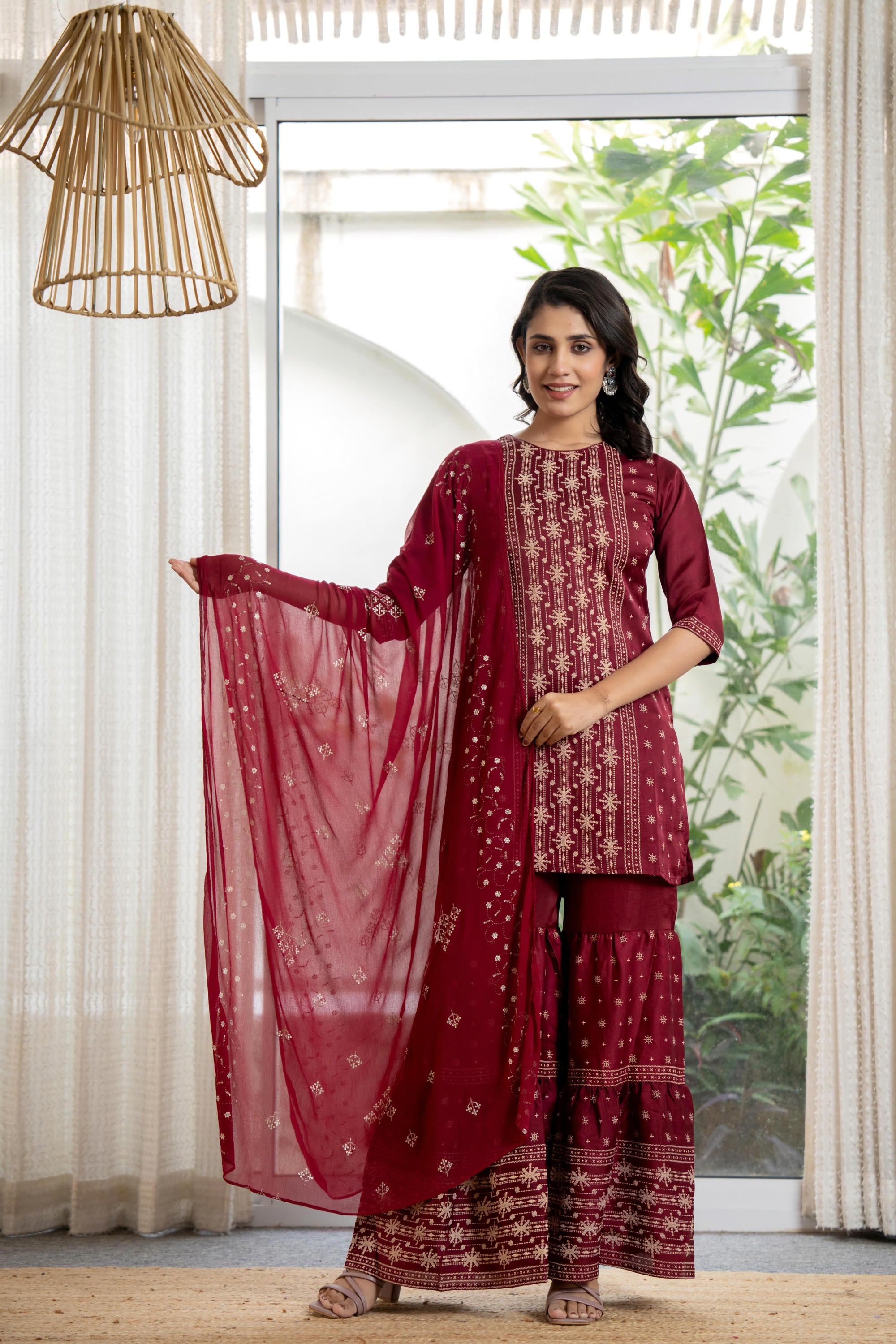 Embroidered Mono Viscose Tunic, Sharara & Poly Chanderi Dupatta Se