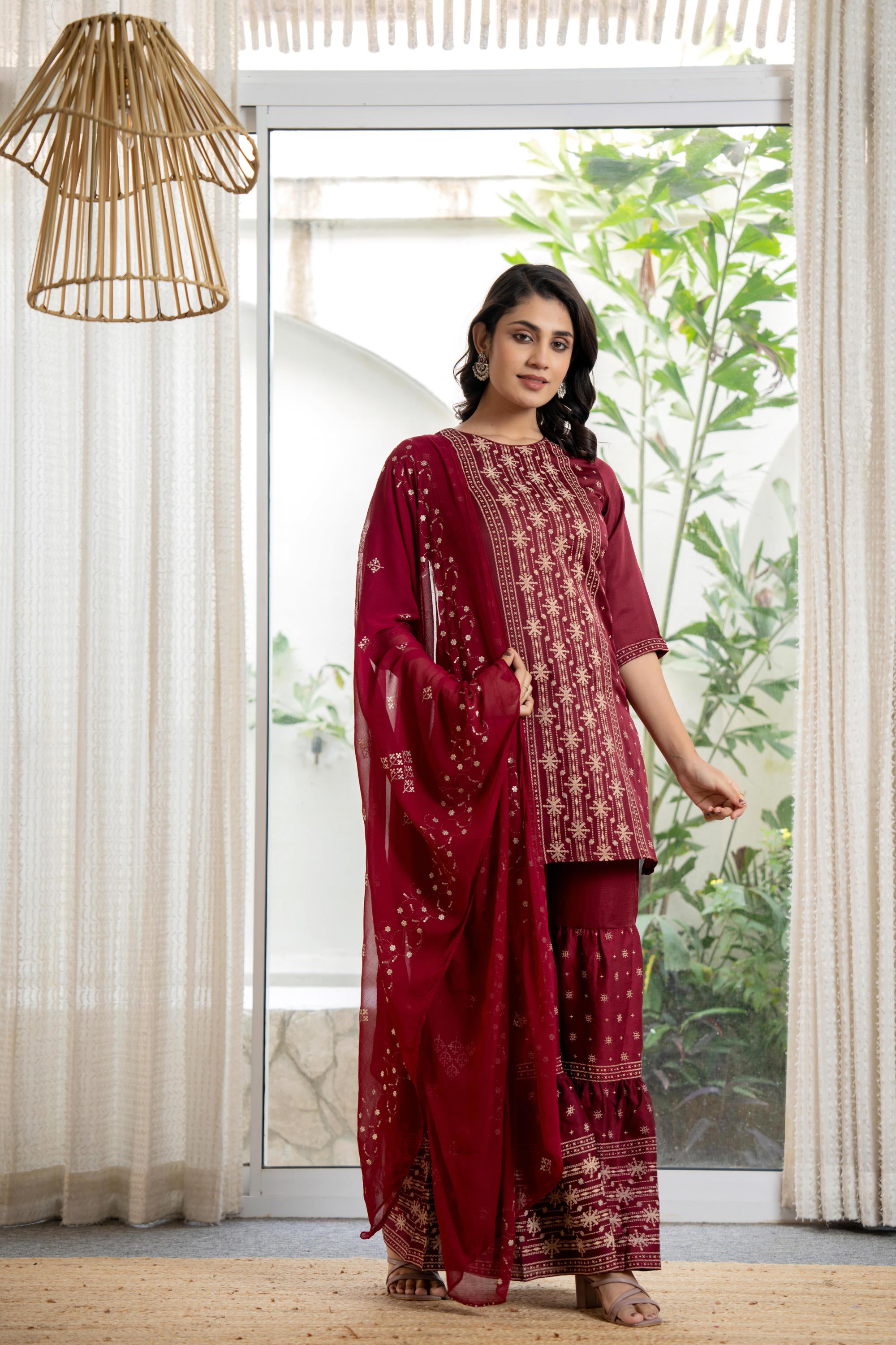 Embroidered Mono Viscose Tunic, Sharara & Poly Chanderi Dupatta Se