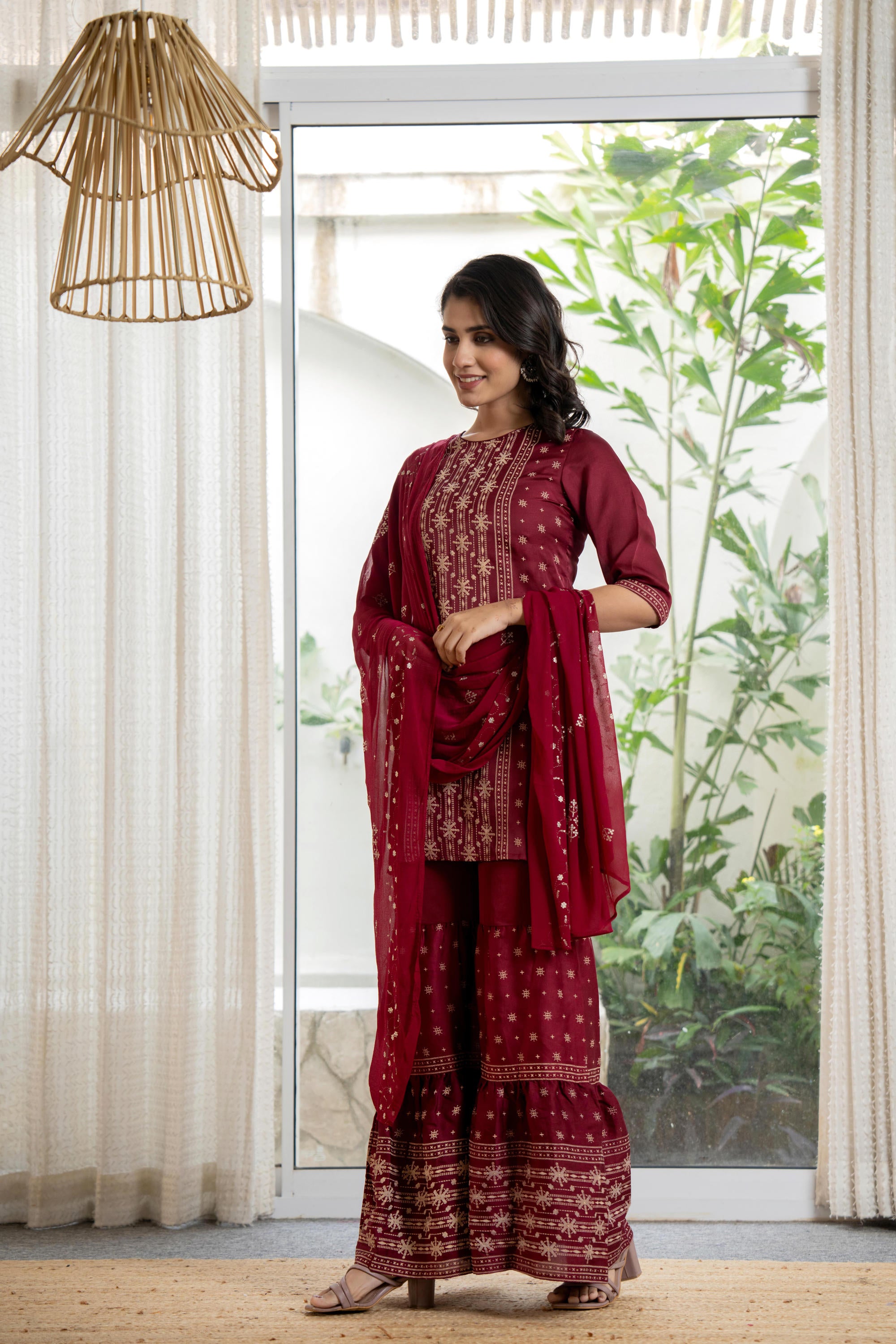 Embroidered Mono Viscose Tunic, Sharara & Poly Chanderi Dupatta Se