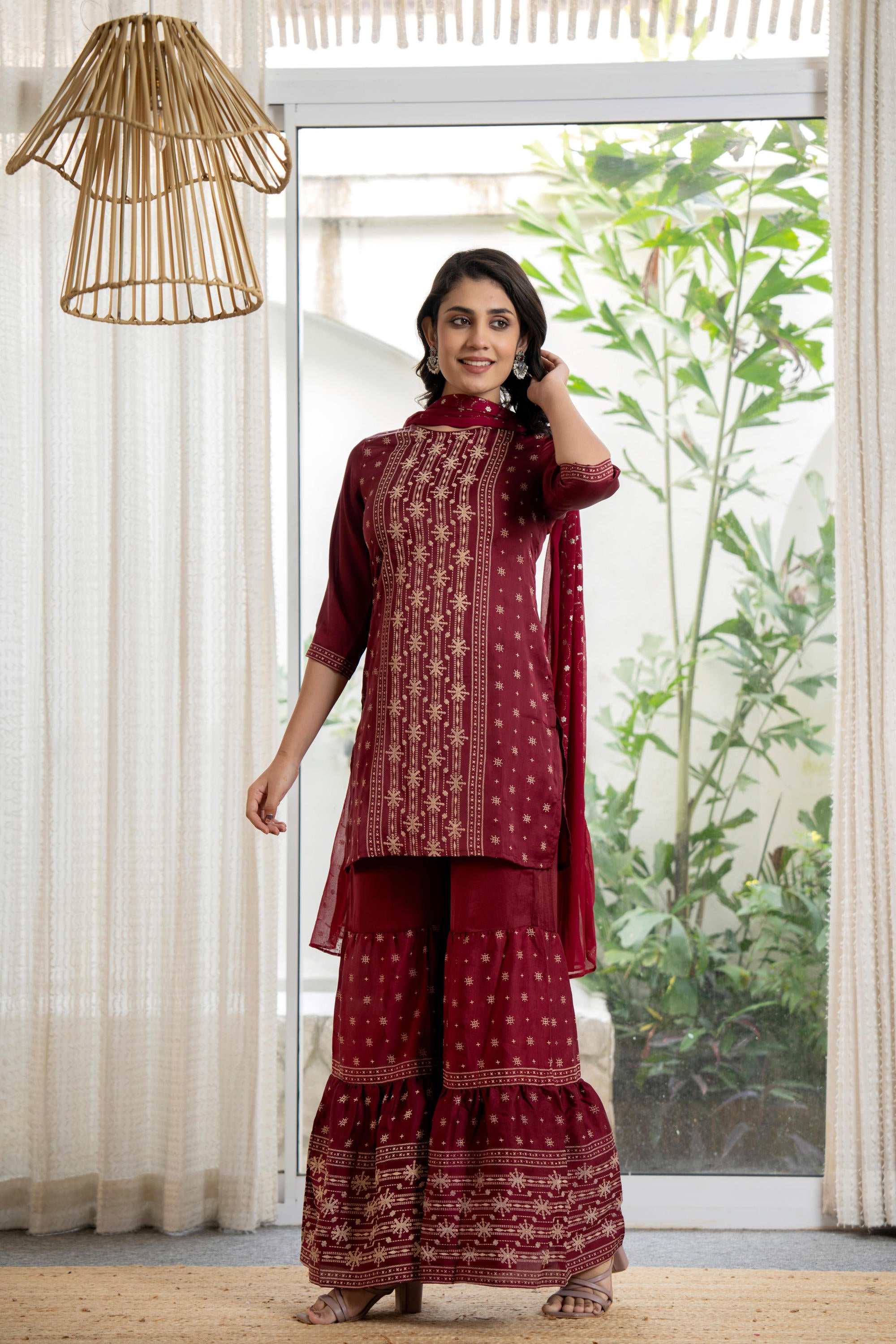 Embroidered Mono Viscose Tunic, Sharara & Poly Chanderi Dupatta Se