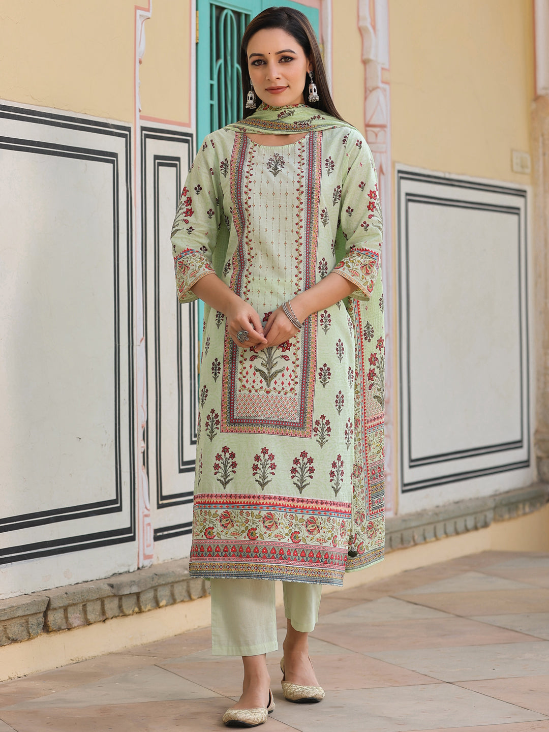 Juniper Lime Green Ethnic Motif Print Pure Cotton Kurta, Pants & Kota Doria Dupatta Set With beads & Sequins
