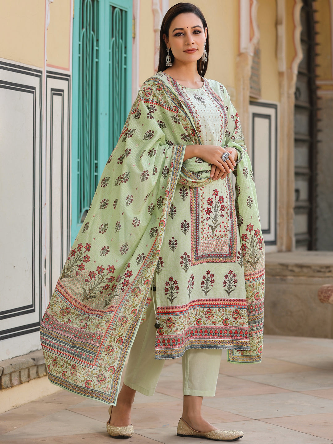 Juniper Lime Green Ethnic Motif Print Pure Cotton Kurta, Pants & Kota Doria Dupatta Set With beads & Sequins