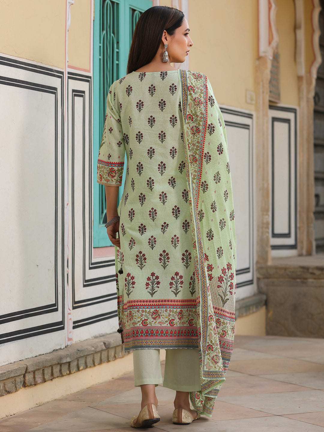 Juniper Lime Green Ethnic Motif Print Pure Cotton Kurta, Pants & Kota Doria Dupatta Set With beads & Sequins