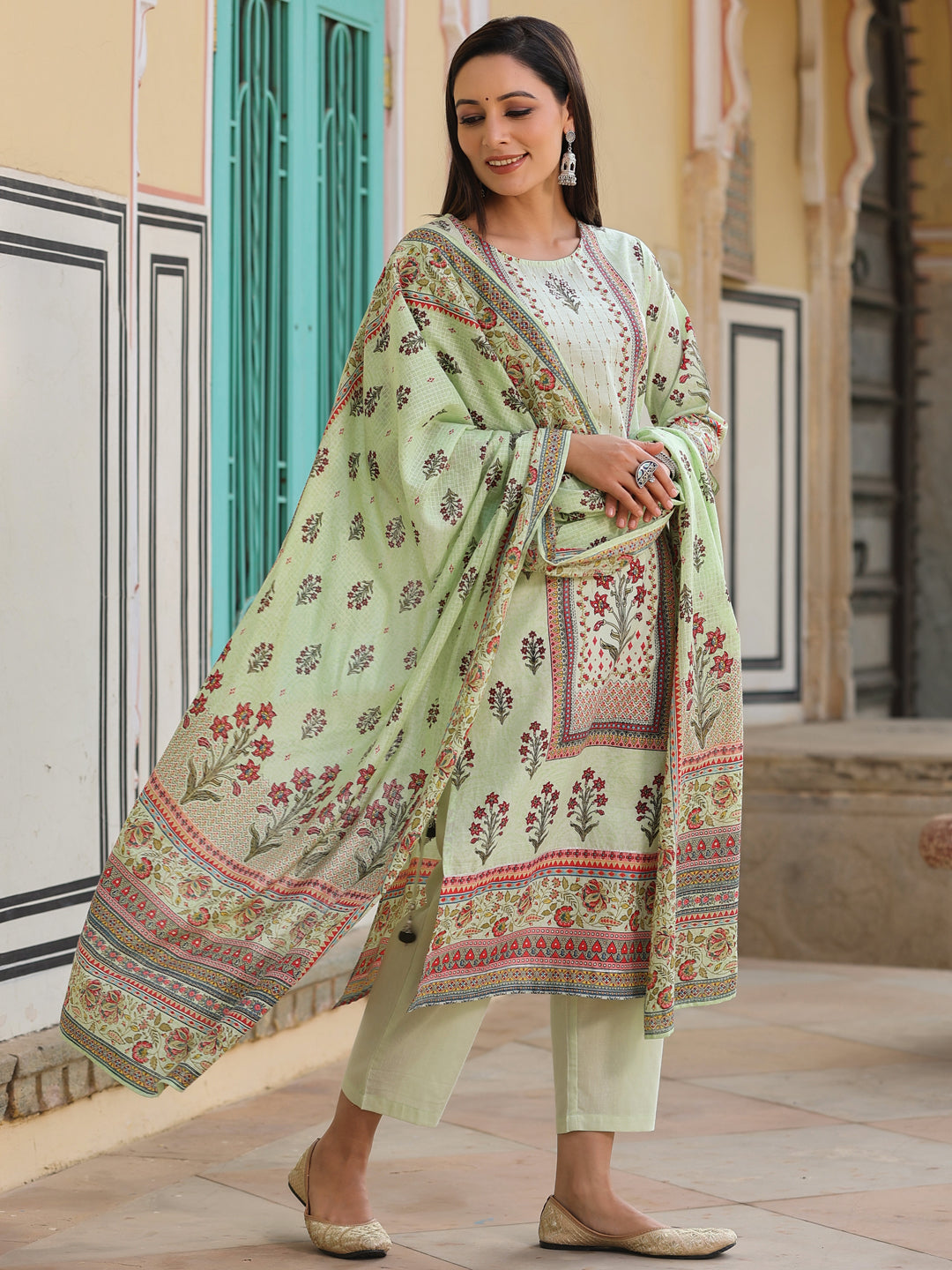 Juniper Lime Green Ethnic Motif Print Pure Cotton Kurta, Pants & Kota Doria Dupatta Set With beads & Sequins