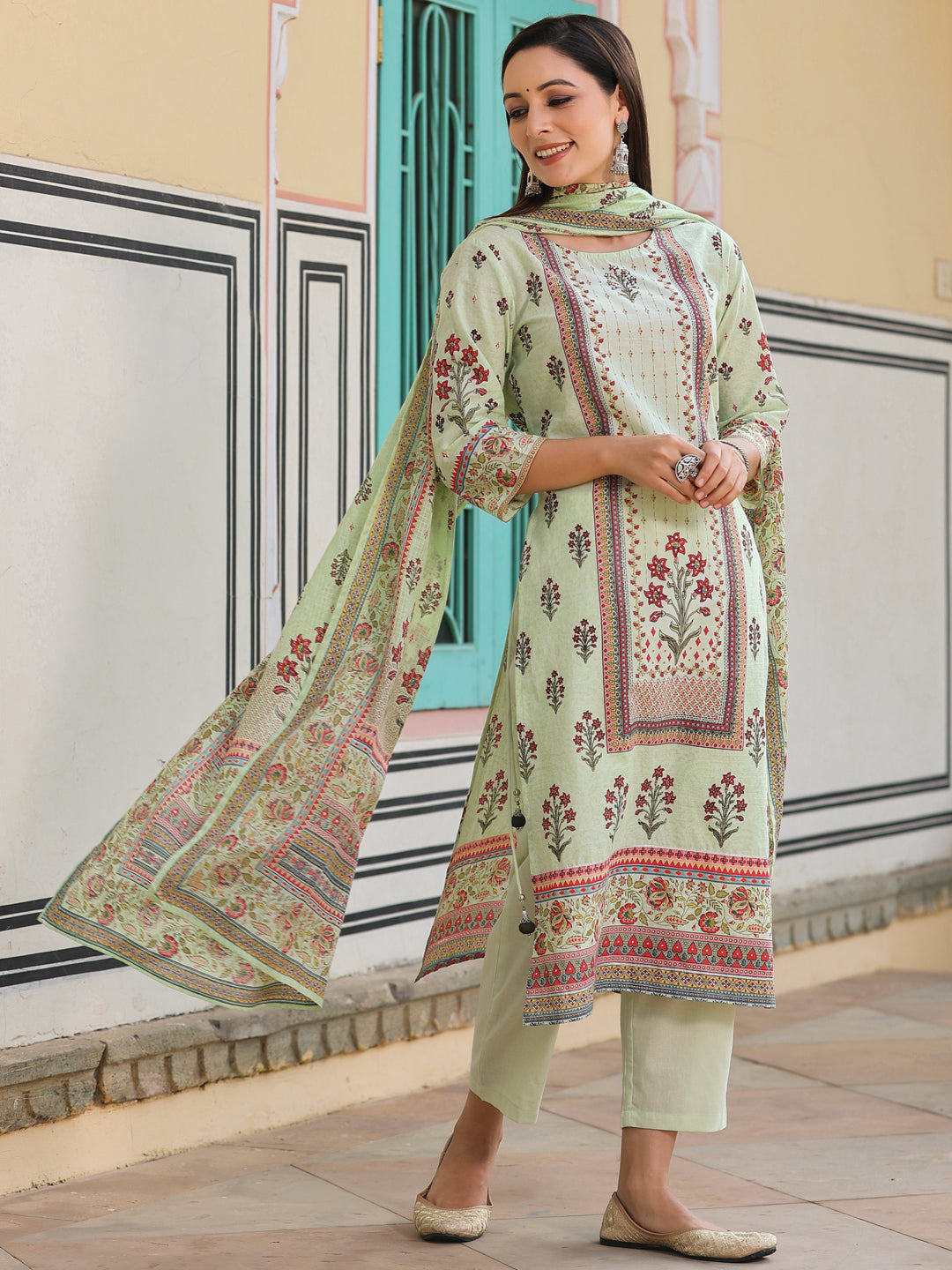 Juniper Lime Green Ethnic Motif Print Pure Cotton Kurta, Pants & Kota Doria Dupatta Set With beads & Sequins