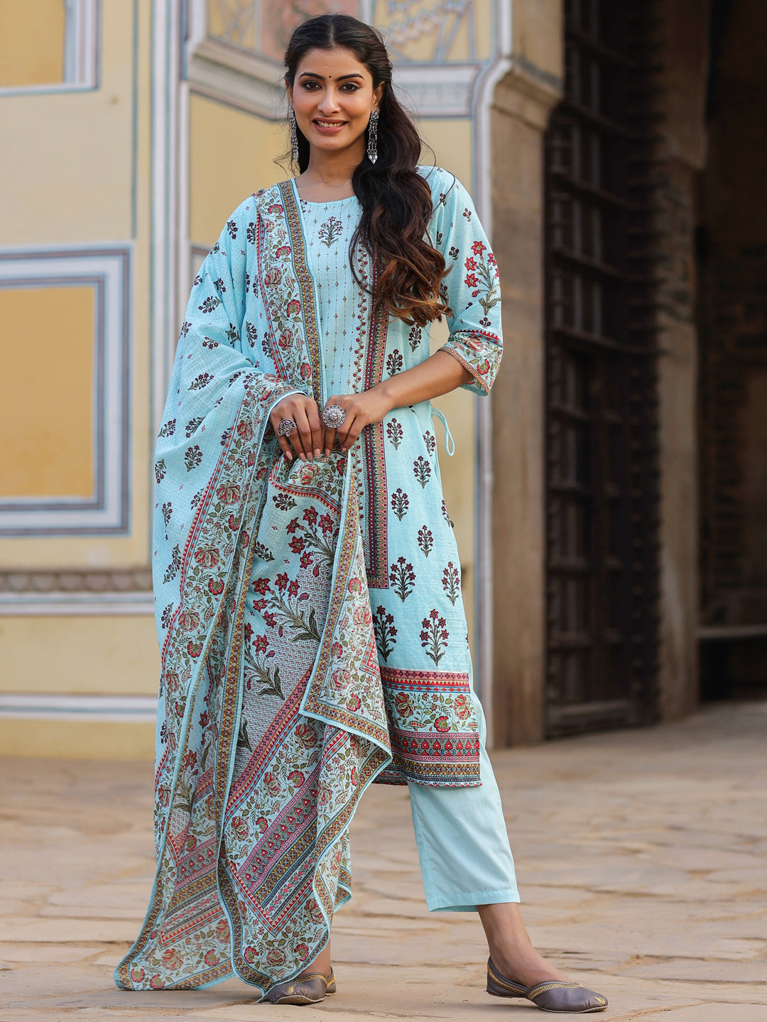 Juniper Sky Blue Ethnic Motif Printed Pure Cotton Kurta, Pants & Kota Doria Dupatta Set With beads & Sequins