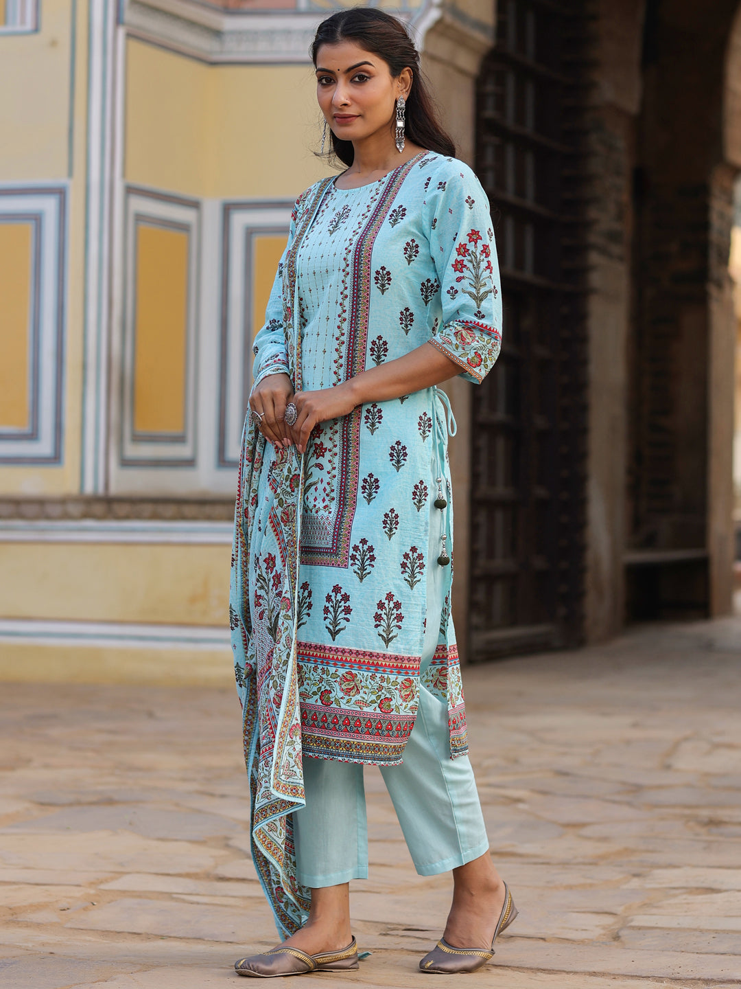 Juniper Sky Blue Ethnic Motif Printed Pure Cotton Kurta, Pants & Kota Doria Dupatta Set With beads & Sequins