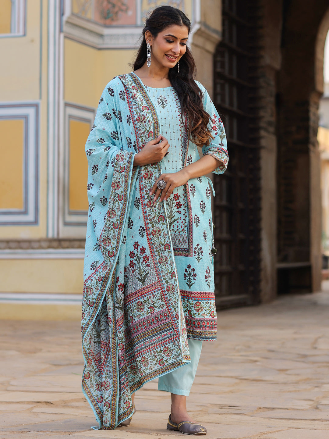 Juniper Sky Blue Ethnic Motif Printed Pure Cotton Kurta, Pants & Kota Doria Dupatta Set With beads & Sequins