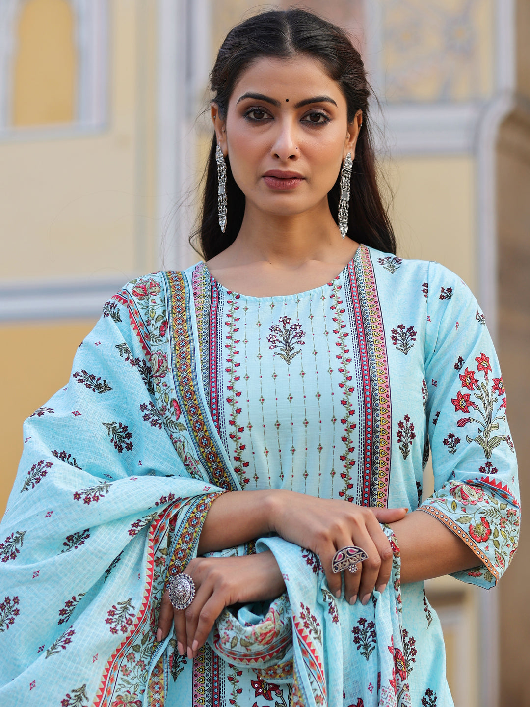 Juniper Sky Blue Ethnic Motif Printed Pure Cotton Kurta, Pants & Kota Doria Dupatta Set With beads & Sequins