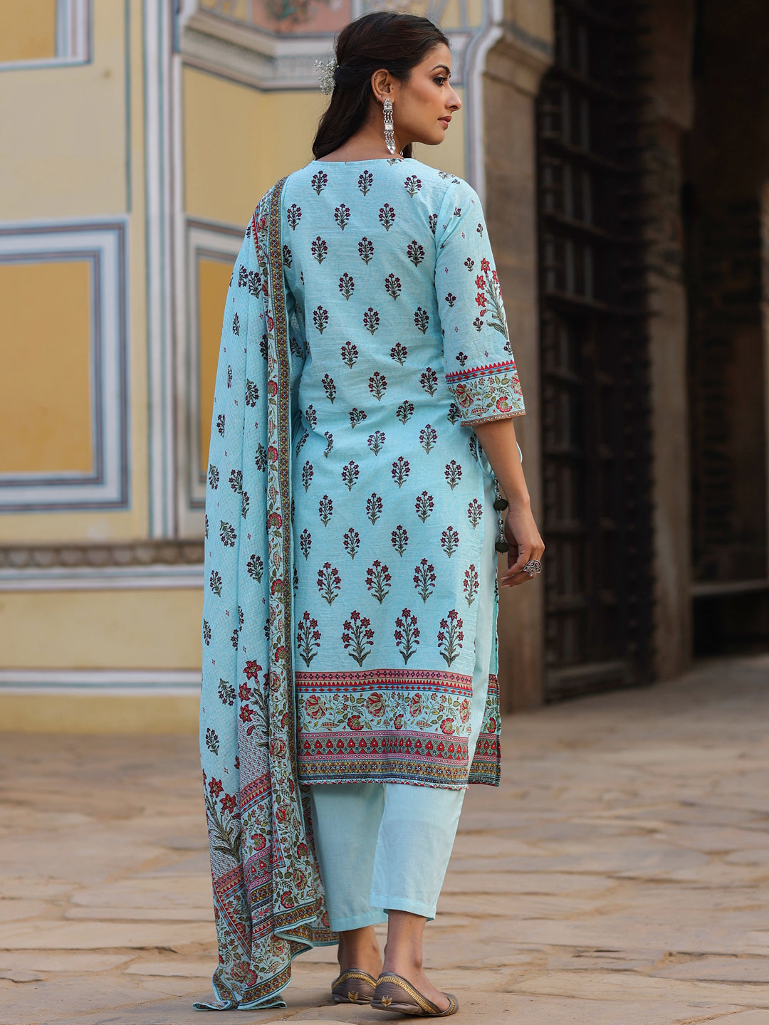 Juniper Sky Blue Ethnic Motif Printed Pure Cotton Kurta, Pants & Kota Doria Dupatta Set With beads & Sequins