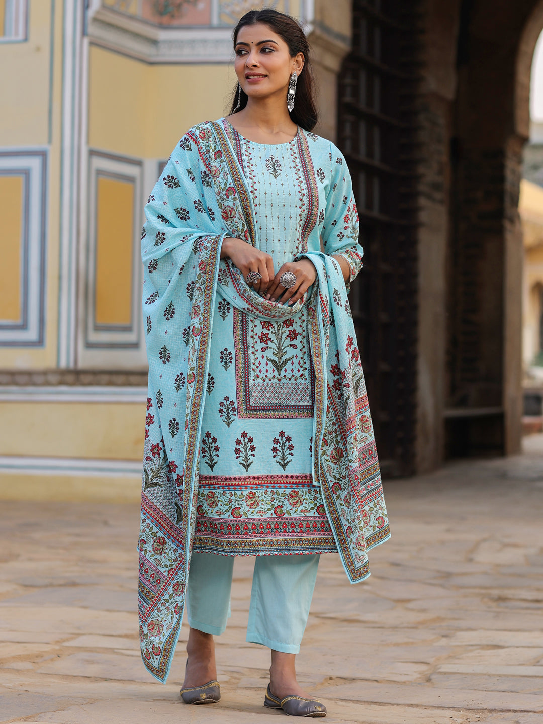 Juniper Sky Blue Ethnic Motif Printed Pure Cotton Kurta, Pants & Kota Doria Dupatta Set With beads & Sequins