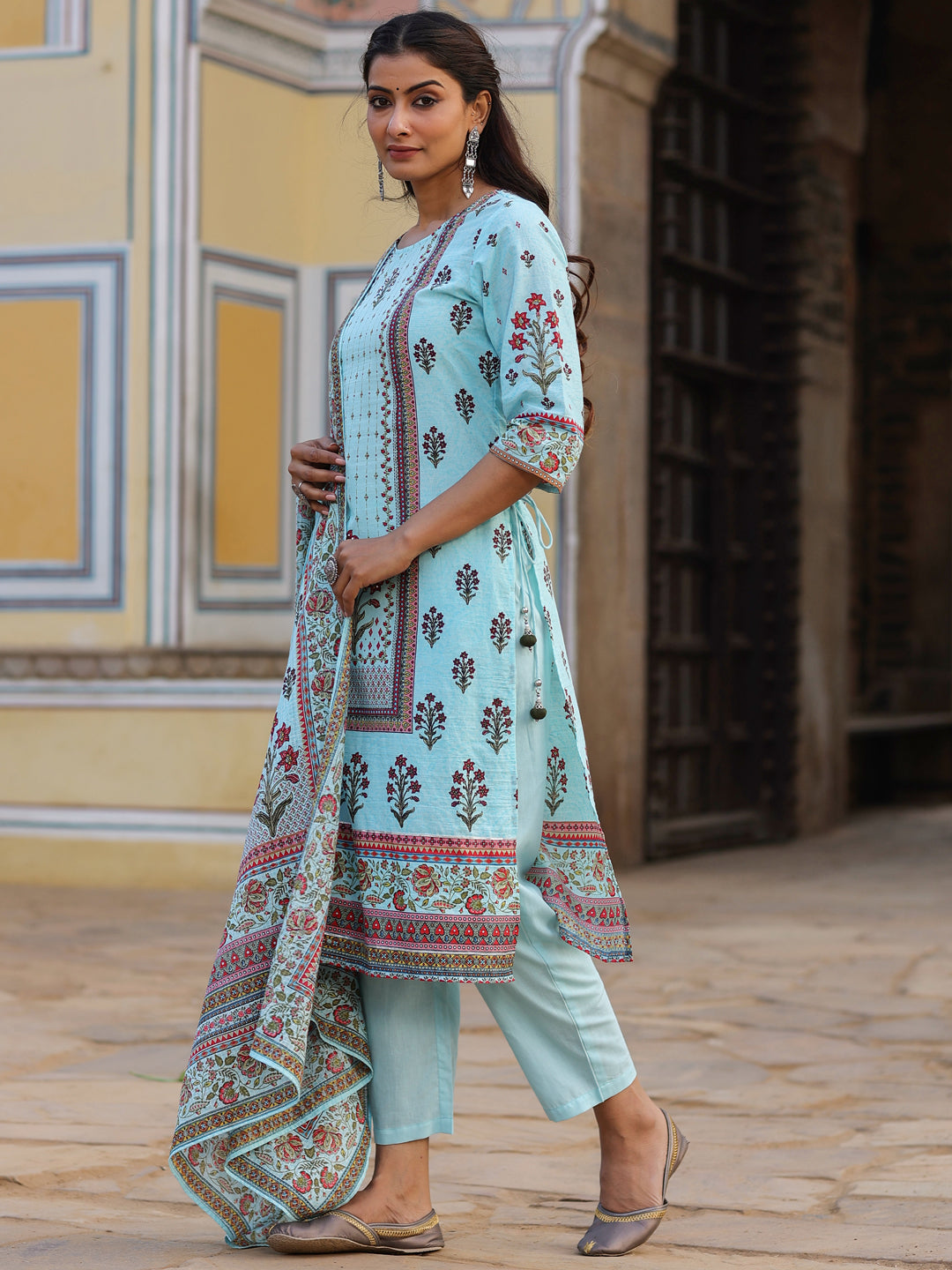 Juniper Sky Blue Ethnic Motif Printed Pure Cotton Kurta, Pants & Kota Doria Dupatta Set With beads & Sequins