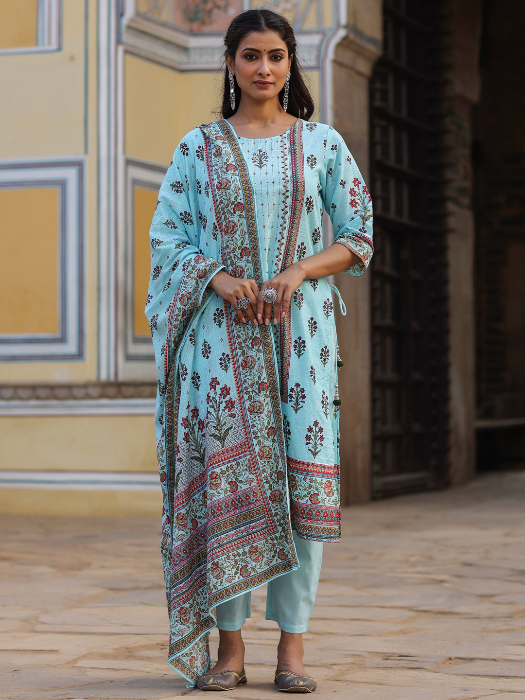 Juniper Sky Blue Ethnic Motif Printed Pure Cotton Kurta, Pants & Kota Doria Dupatta Set With beads & Sequins
