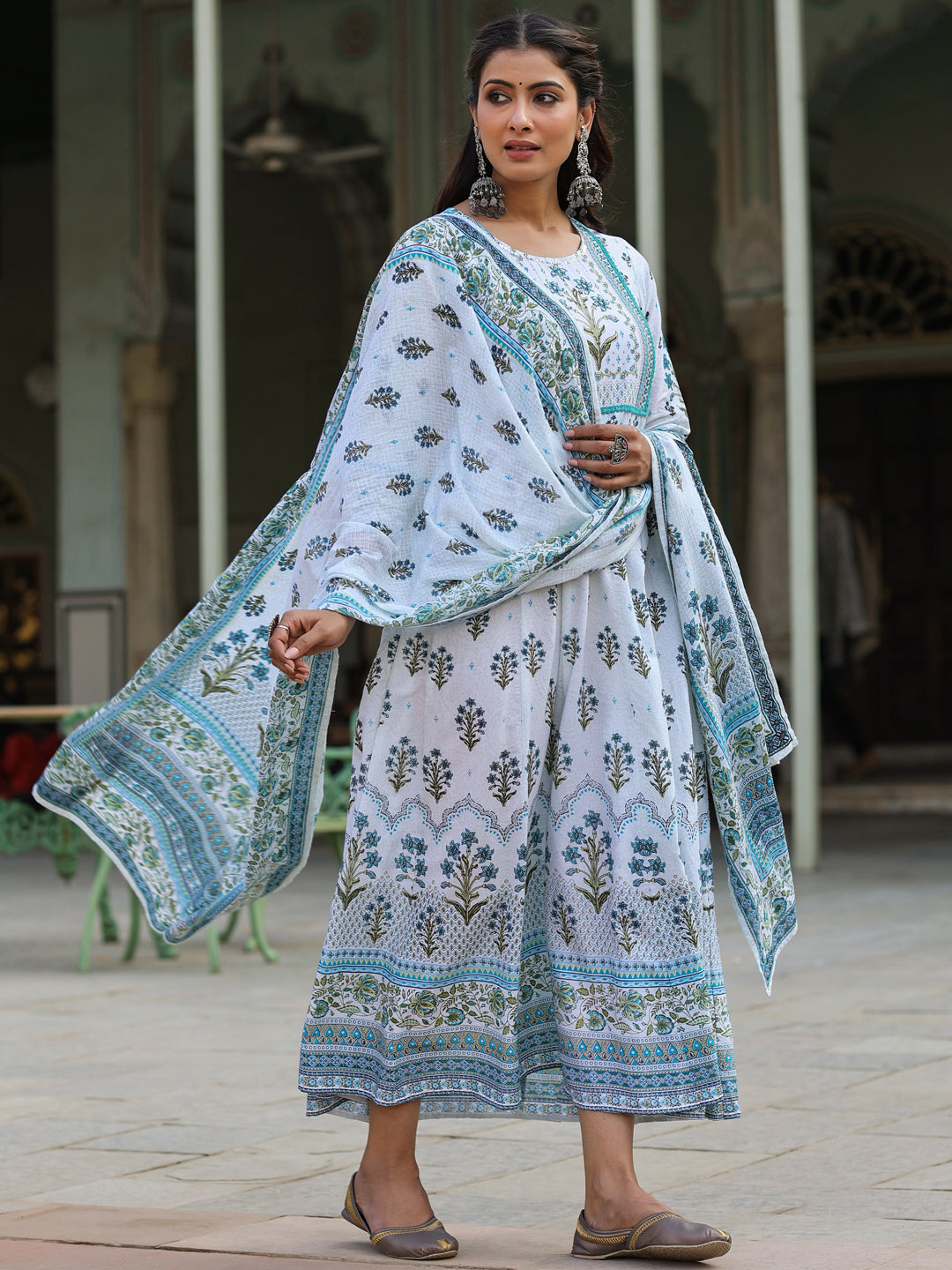 Juniper Sky Blue Ethnic Motif Printed Pure Cotton Anarkali Dress & Dupatta Set With Beads & Sequins