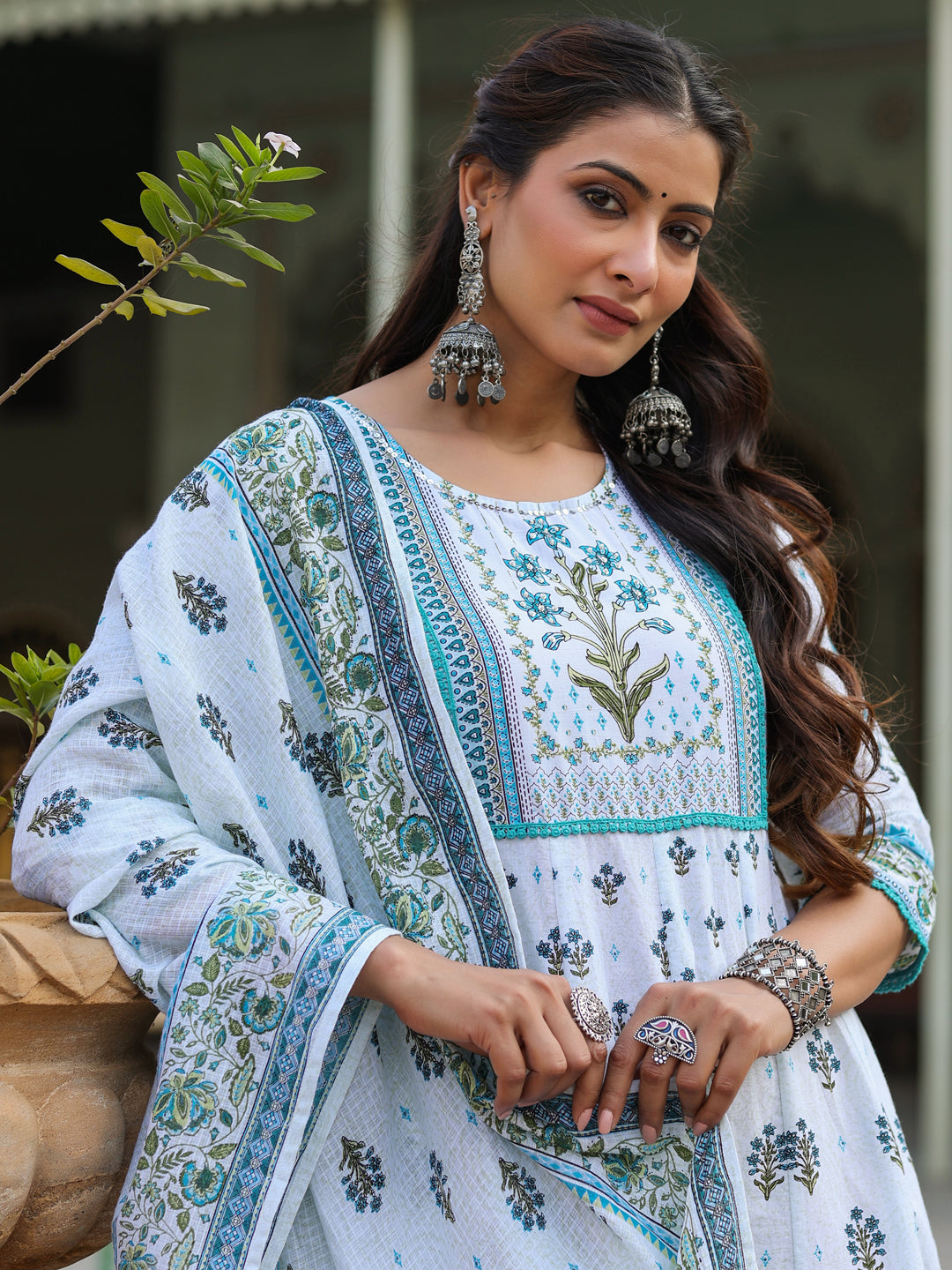 Juniper Sky Blue Ethnic Motif Printed Pure Cotton Anarkali Dress & Dupatta Set With Beads & Sequins