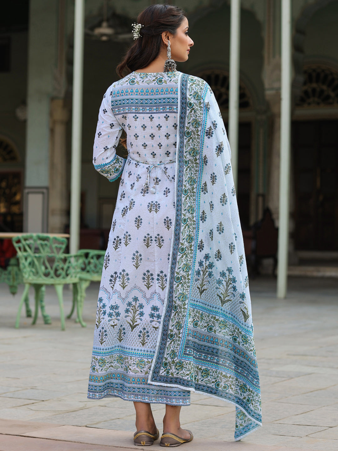 Juniper Sky Blue Ethnic Motif Printed Pure Cotton Anarkali Dress & Dupatta Set With Beads & Sequins