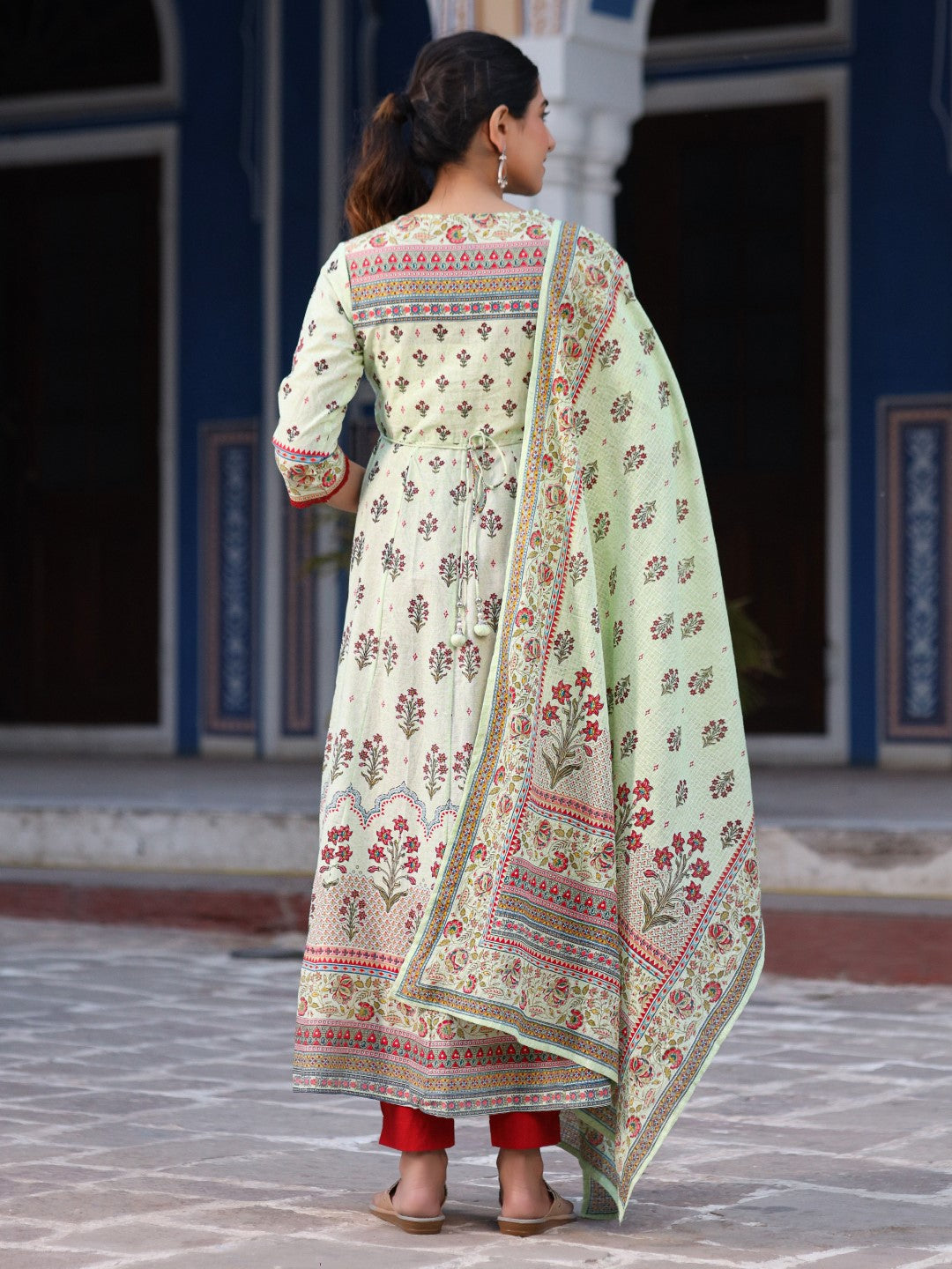 Lime Green Ethnic Motif Printed Pure Cotton Anarkali Kurta With Pant Set With Beads & Sequins