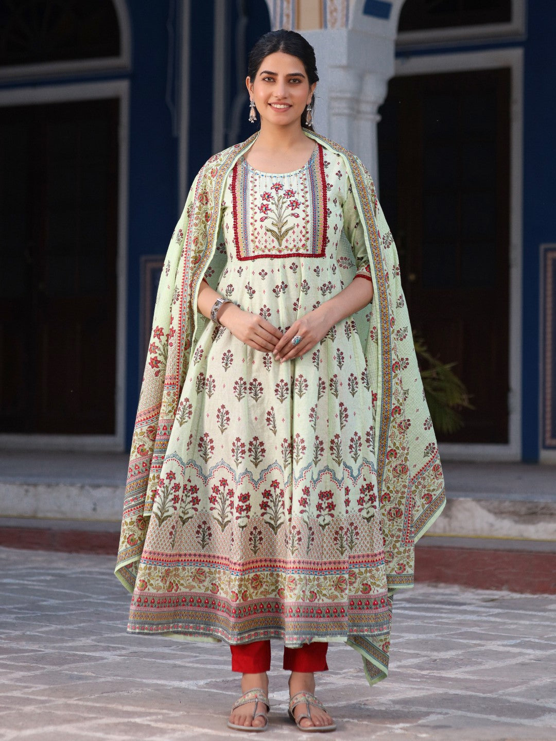 Lime Green Ethnic Motif Printed Pure Cotton Anarkali Kurta With Pant Set With Beads & Sequins