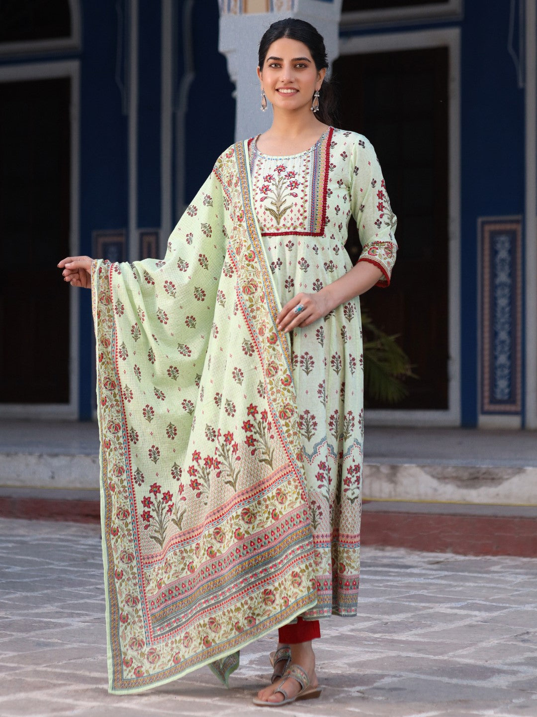 Lime Green Ethnic Motif Printed Pure Cotton Anarkali Kurta With Pant Set With Beads & Sequins