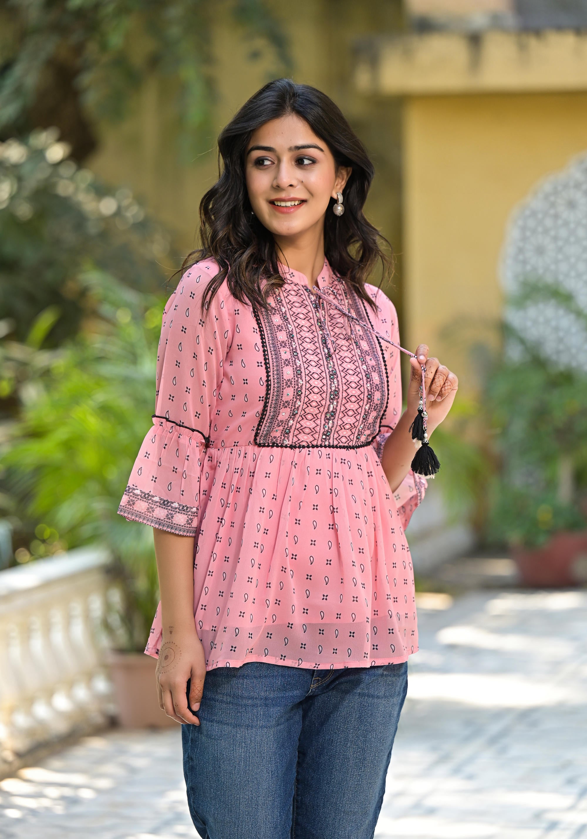 Peach Ethnic Motif Printed Georgette Tunic With Sequins & Doris