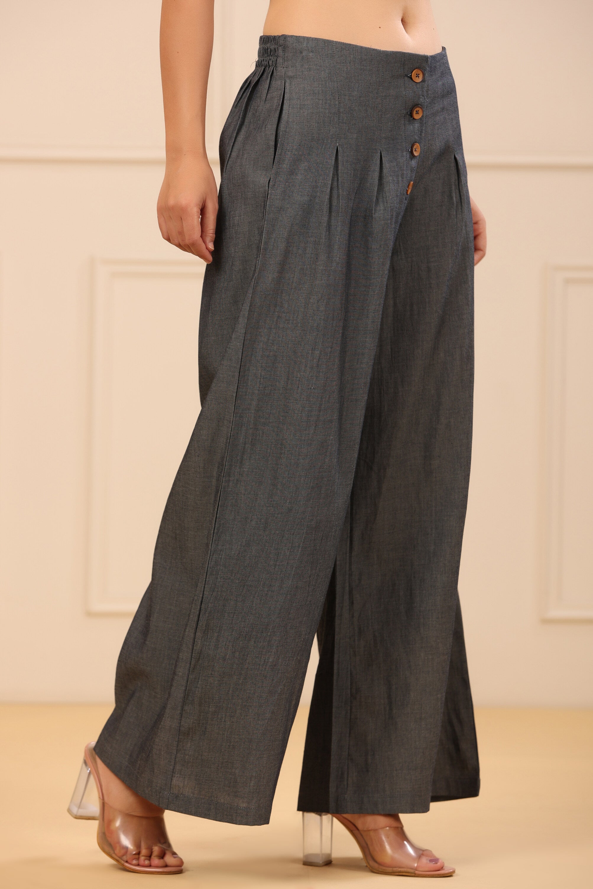 Juniper Grey Solid Denim Flared Palazzos with a Button Closure & Partially Elasticated Waistband