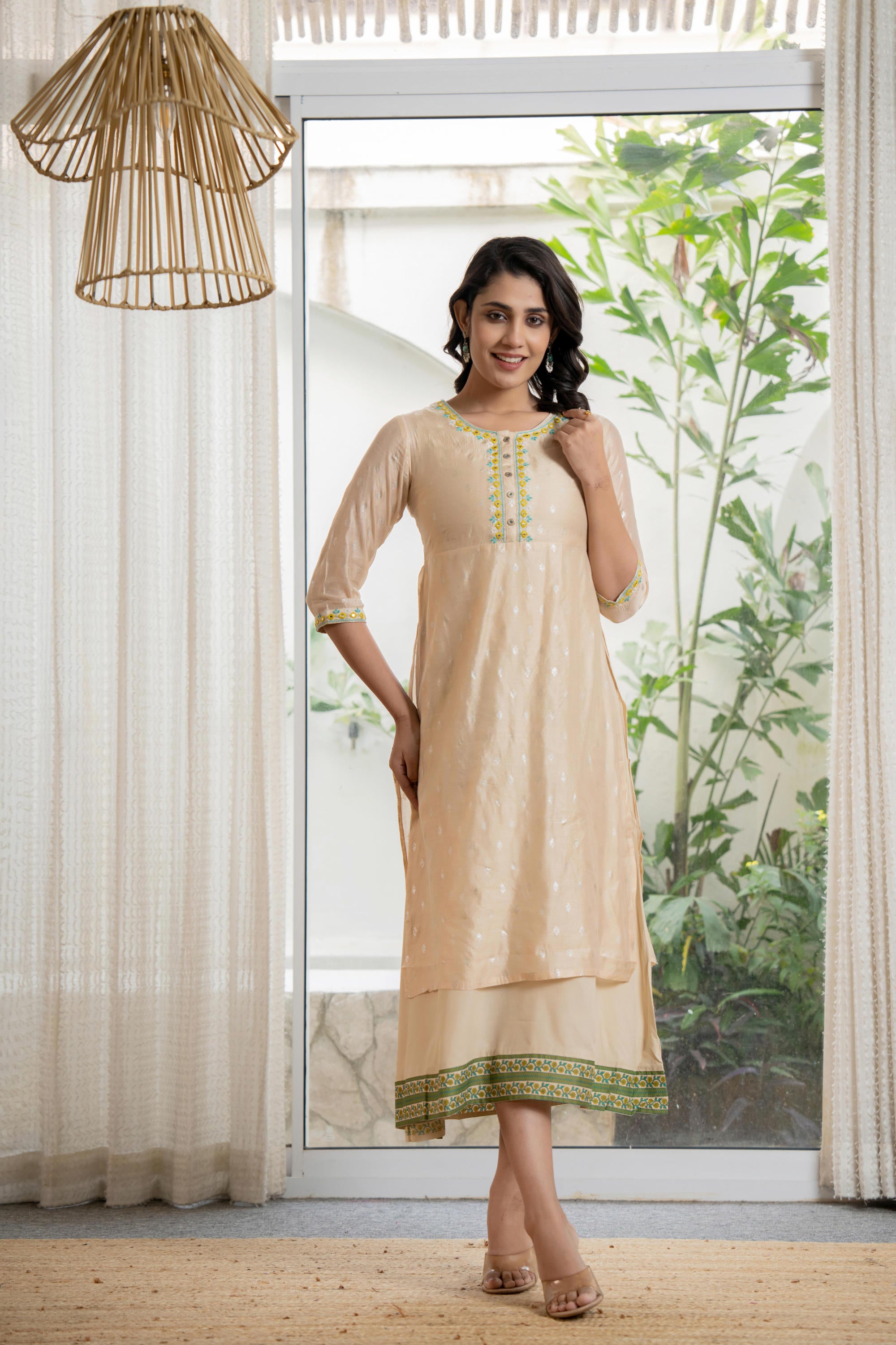 Beige Soild Chanderi Dress & inner With Thread &  Mirror Work