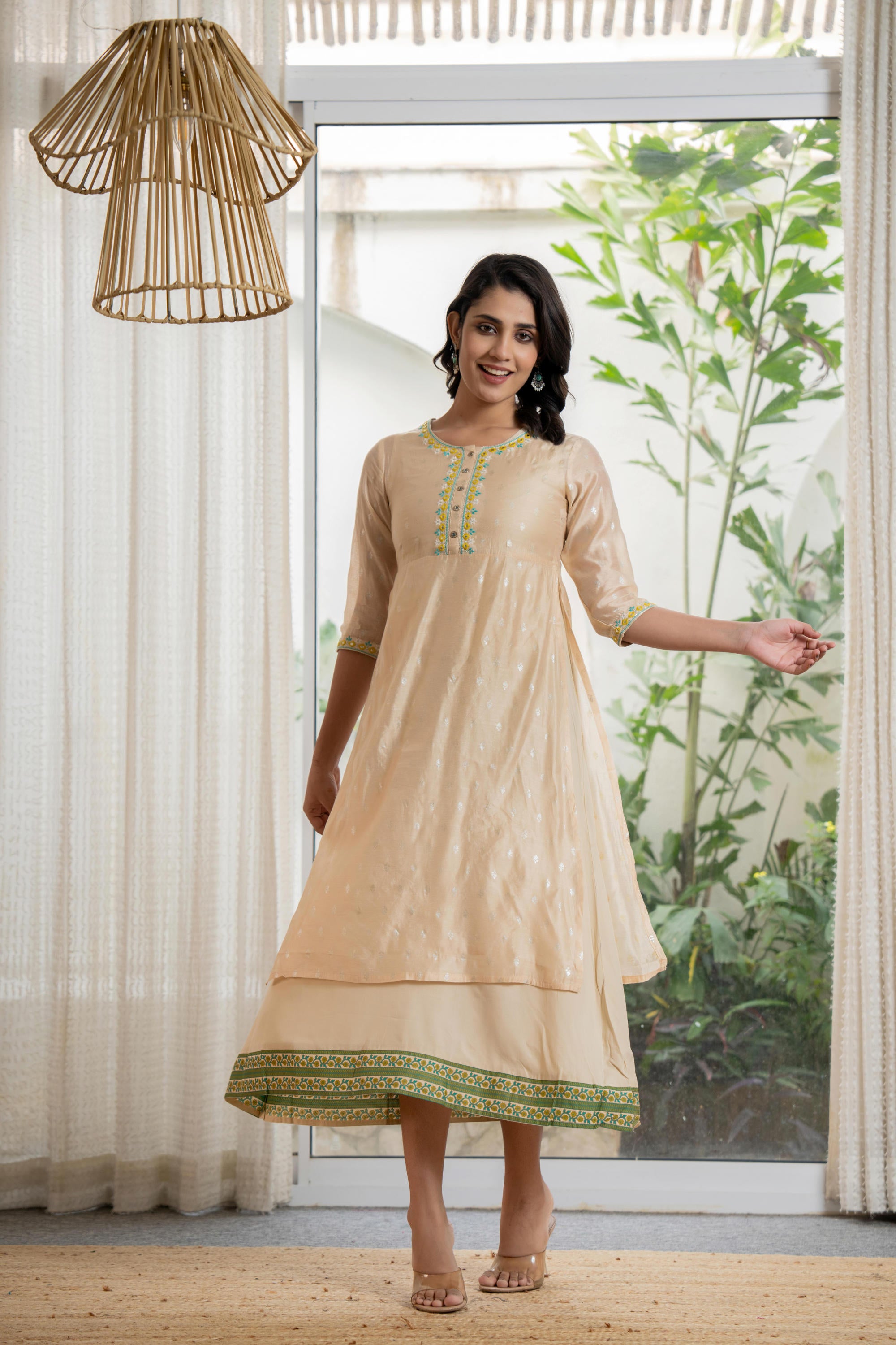 Beige Soild Chanderi Dress & inner With Thread &  Mirror Work