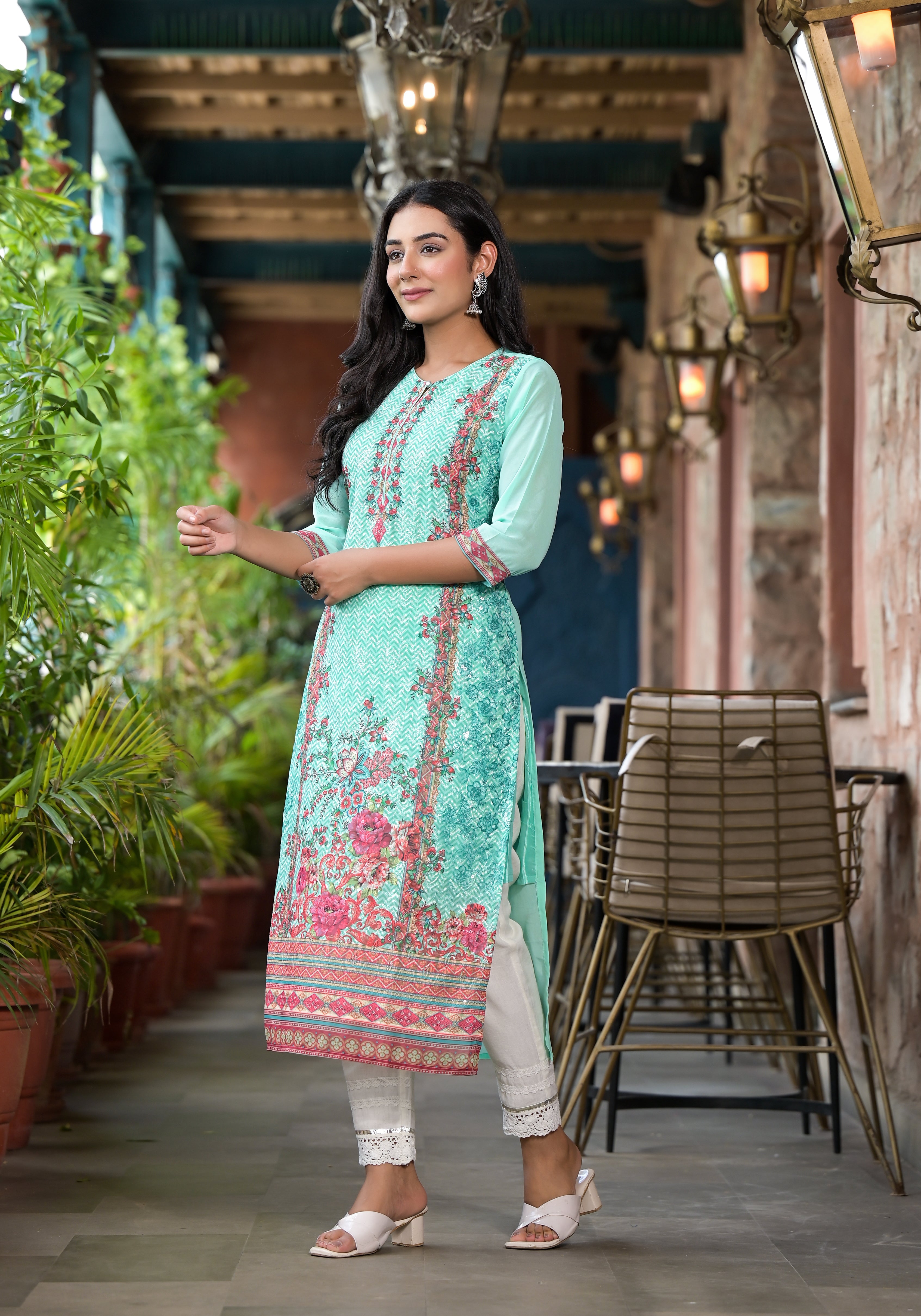 Green Floral Printed Georgette Kurta With Sequins