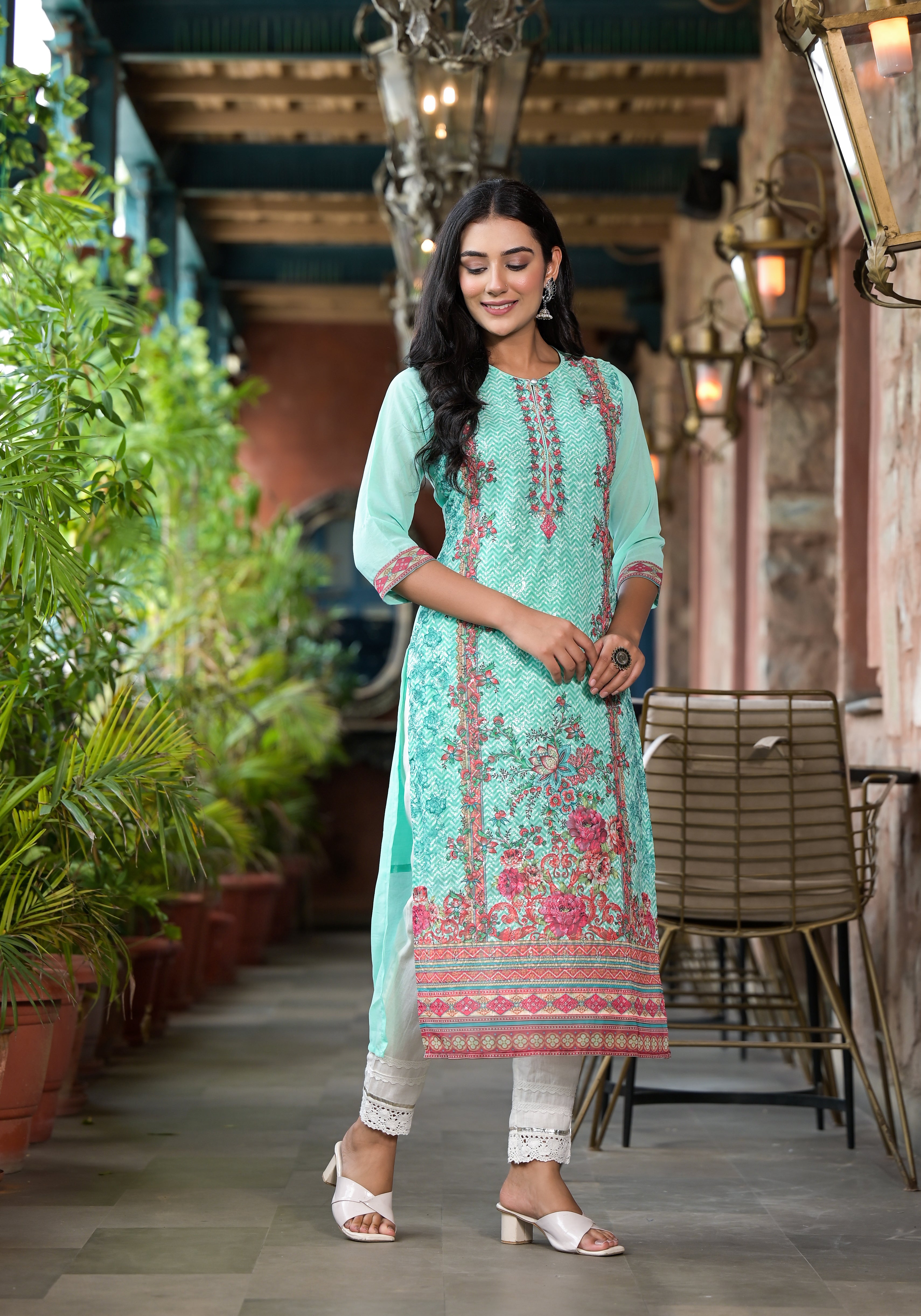 Green Floral Printed Georgette Kurta With Sequins