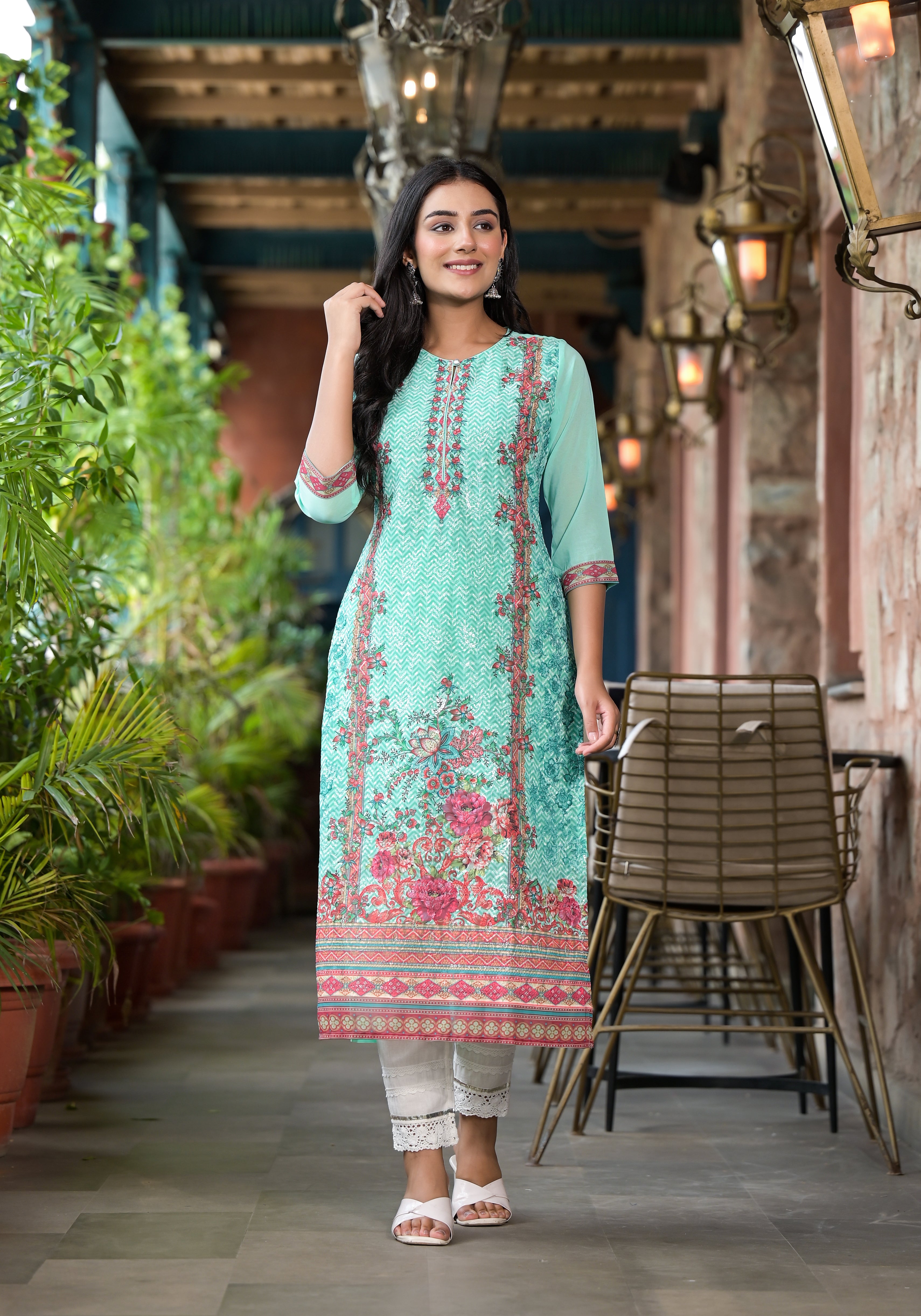 Green Floral Printed Georgette Kurta With Sequins