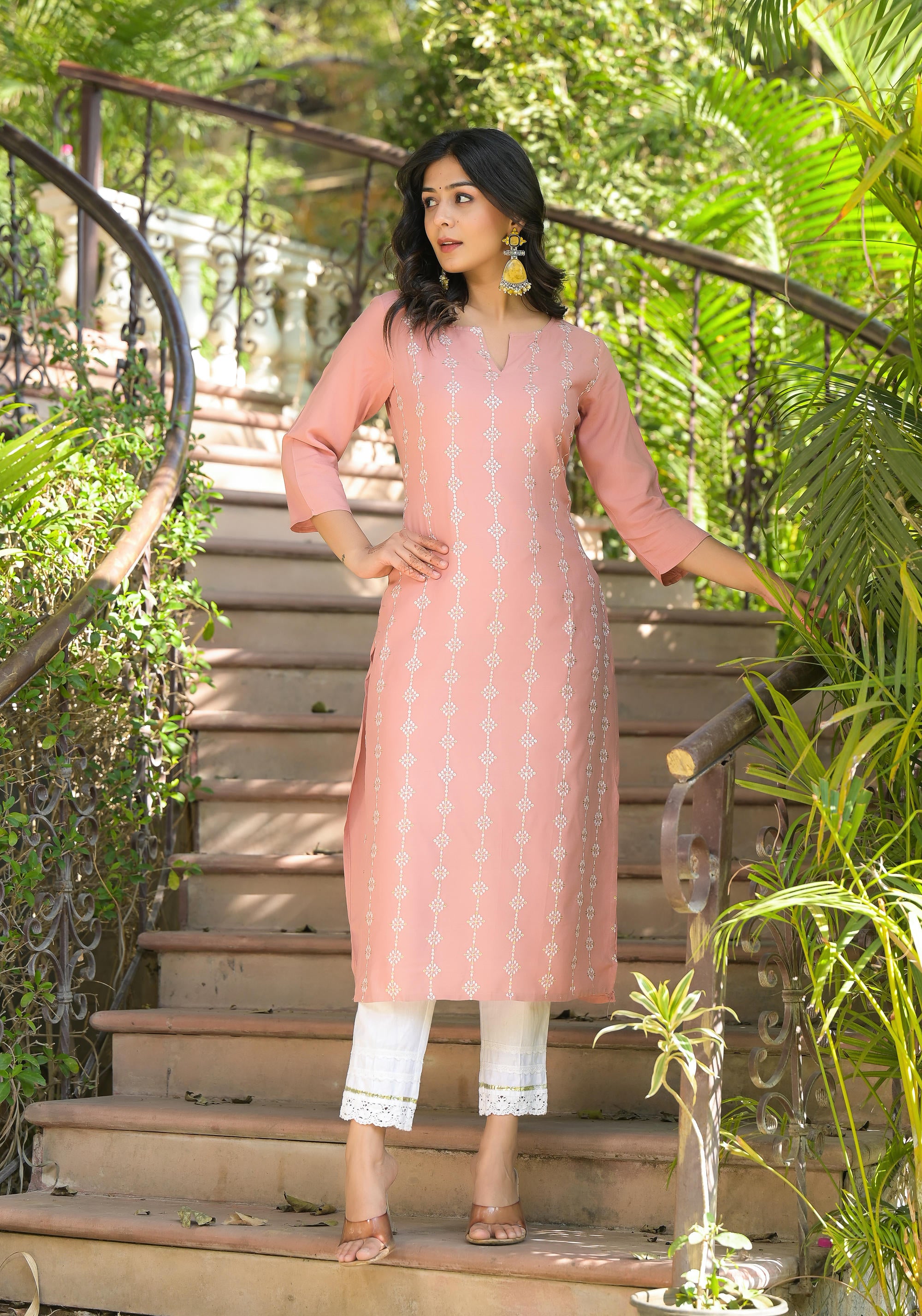 Onion Pink Thread Embroidered Liva Rayon Kurta With Sequins