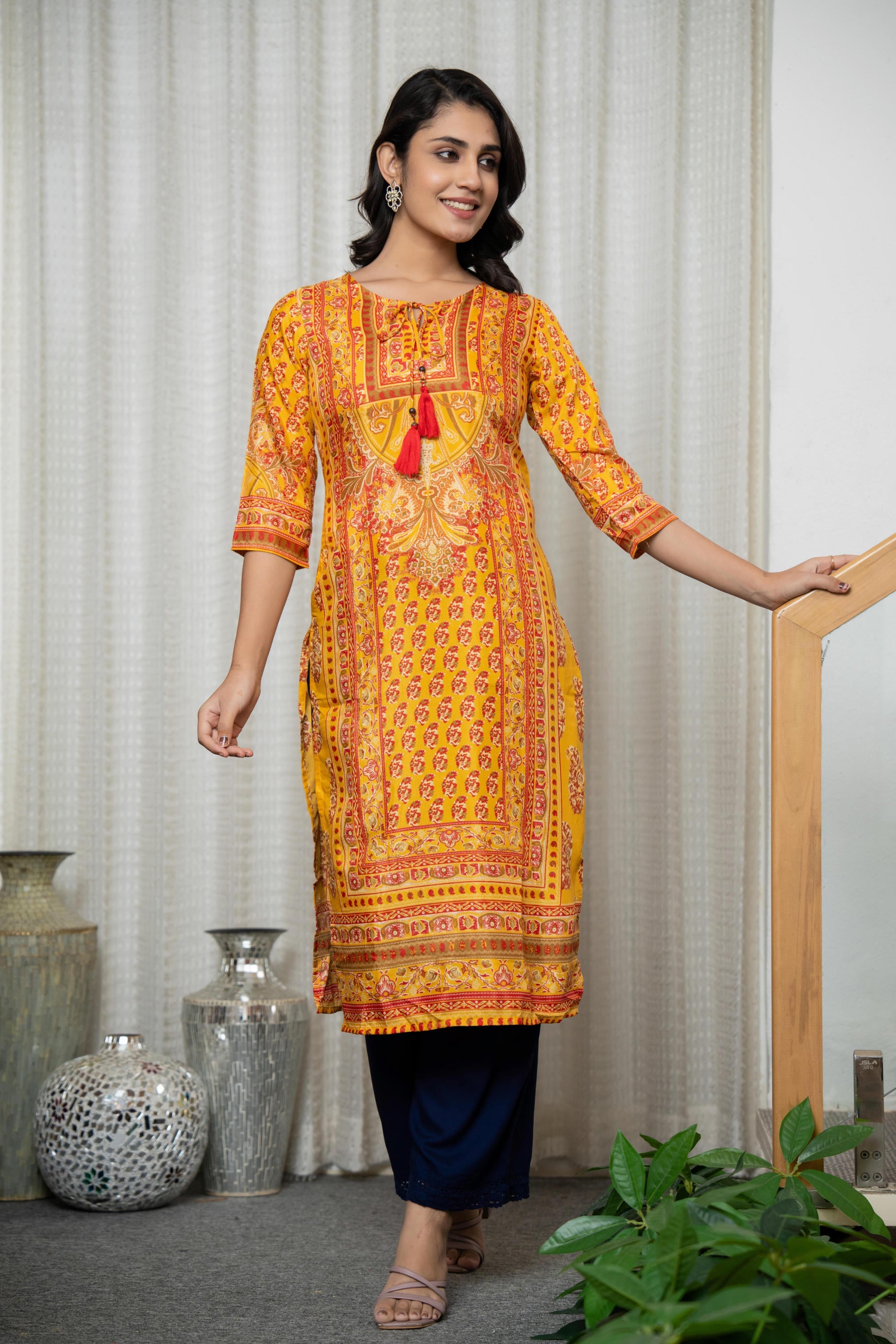 Mustard Ethnic Motif Printed Shantoon Kurta With Doris & Tassels