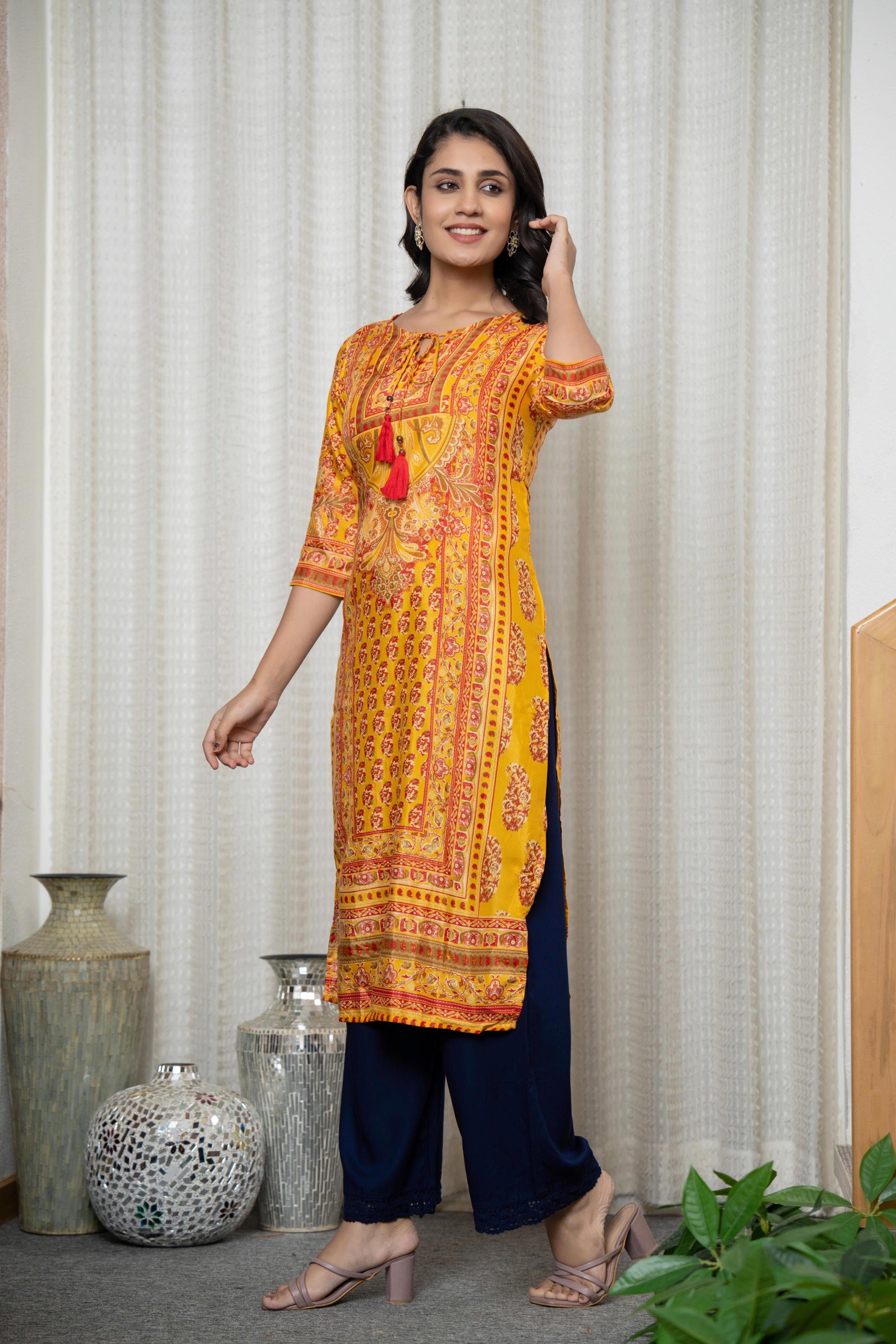 Mustard Ethnic Motif Printed Shantoon Kurta With Doris & Tassels