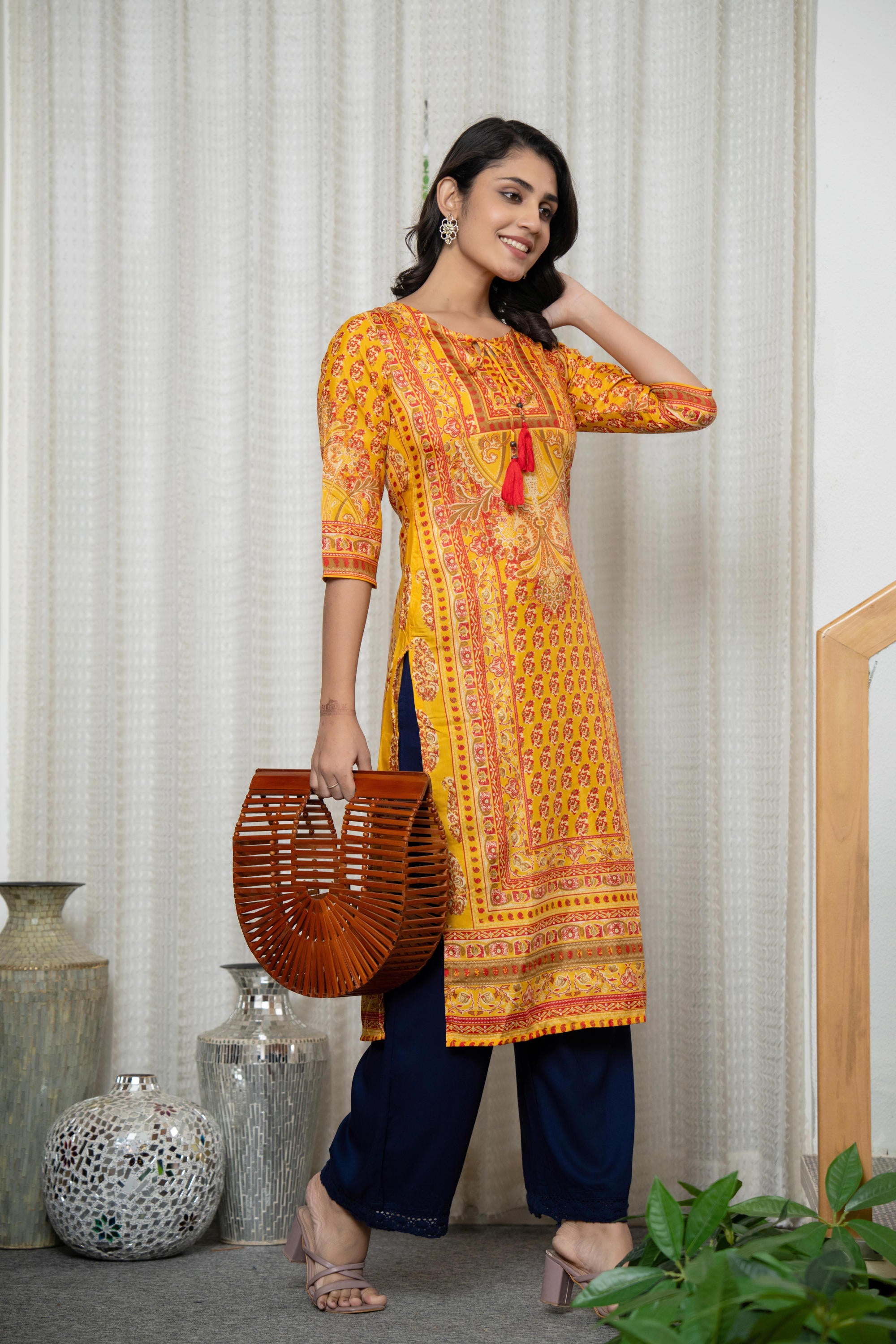 Mustard Ethnic Motif Printed Shantoon Kurta With Doris & Tassels