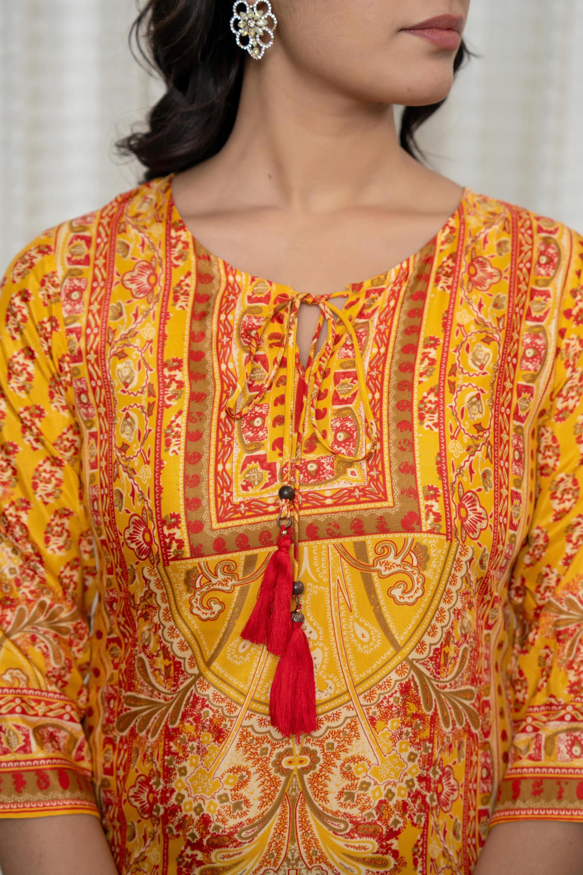 Mustard Ethnic Motif Printed Shantoon Kurta With Doris & Tassels