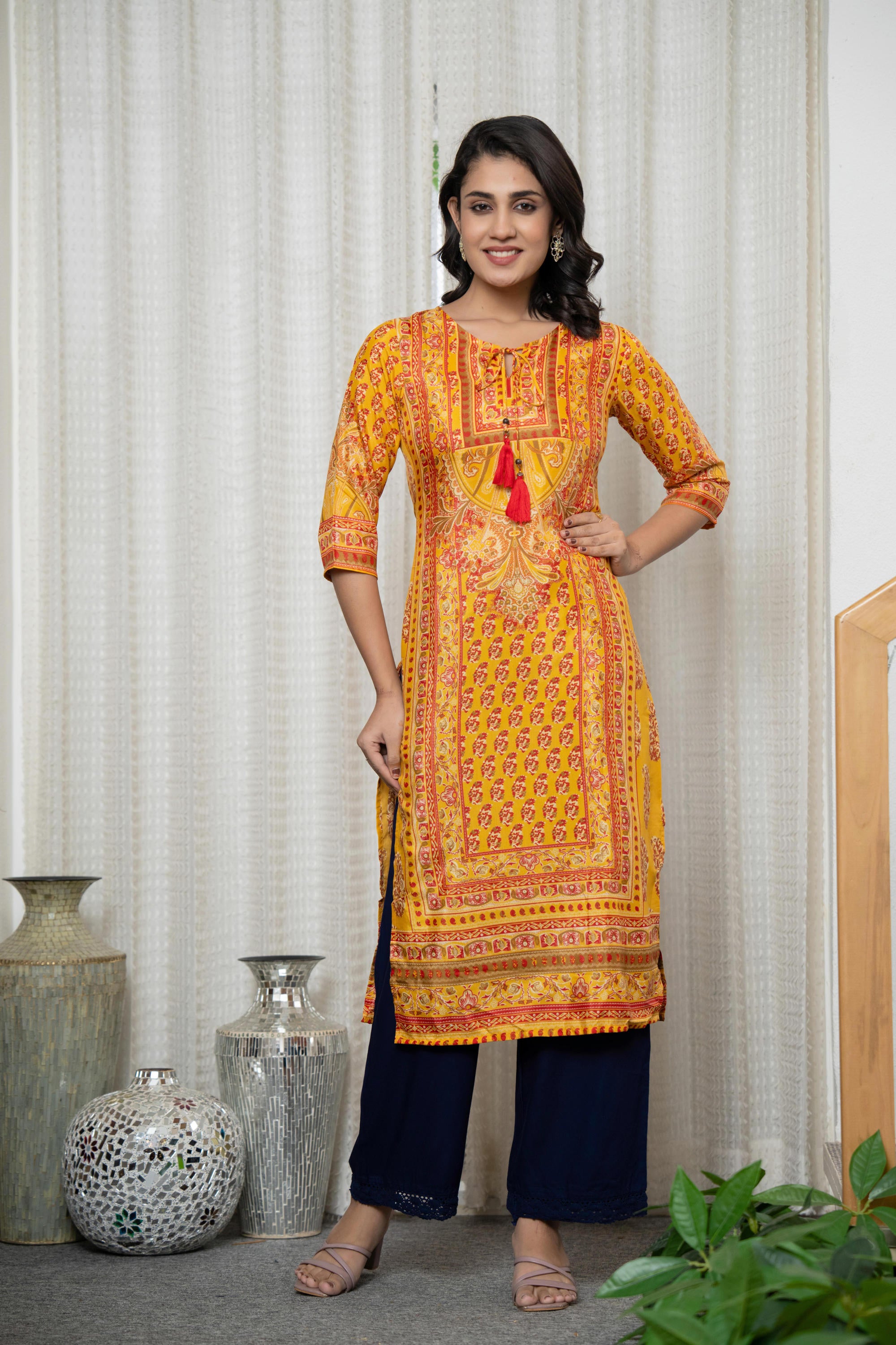 Mustard Ethnic Motif Printed Shantoon Kurta With Doris & Tassels