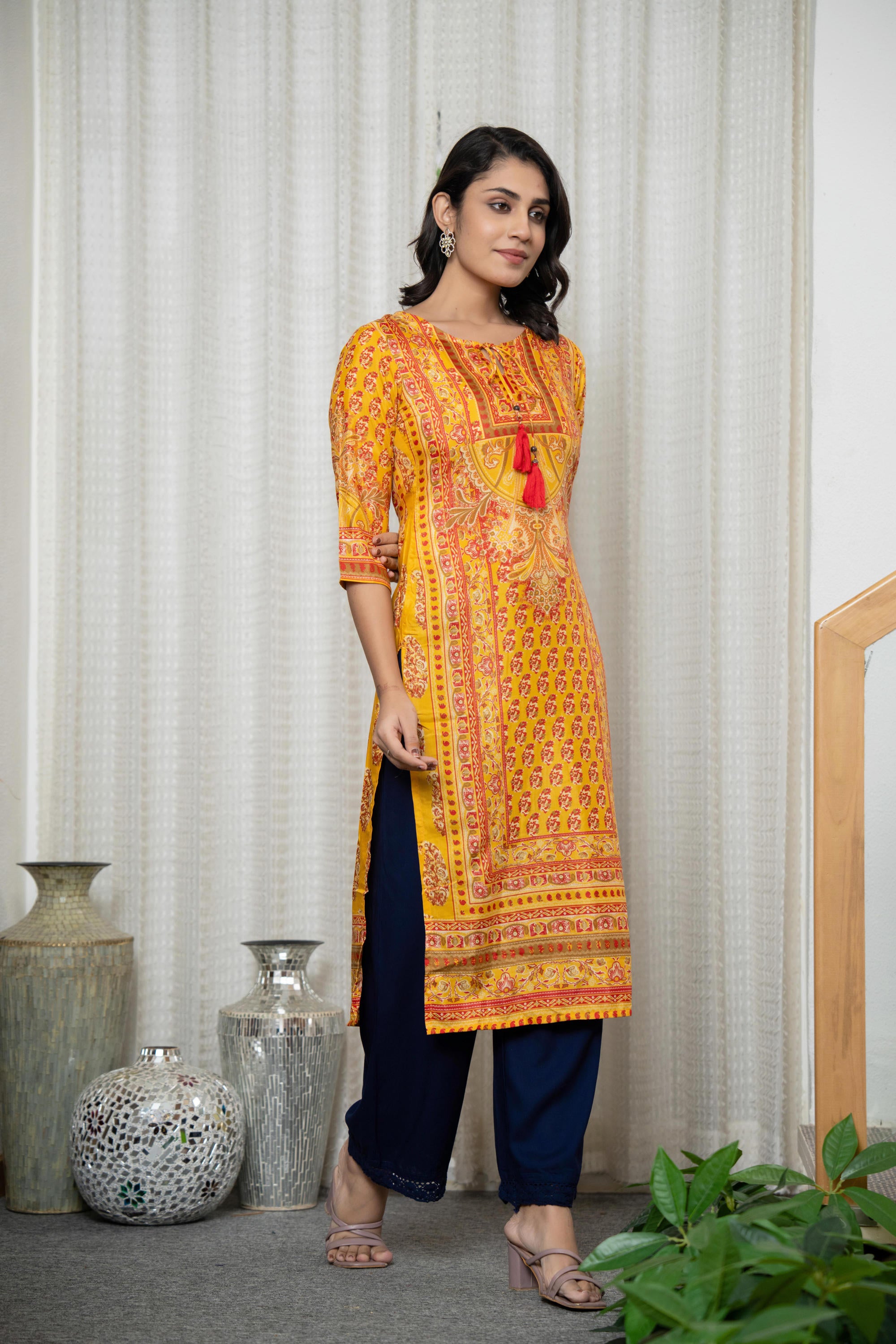 Mustard Ethnic Motif Printed Shantoon Kurta With Doris & Tassels