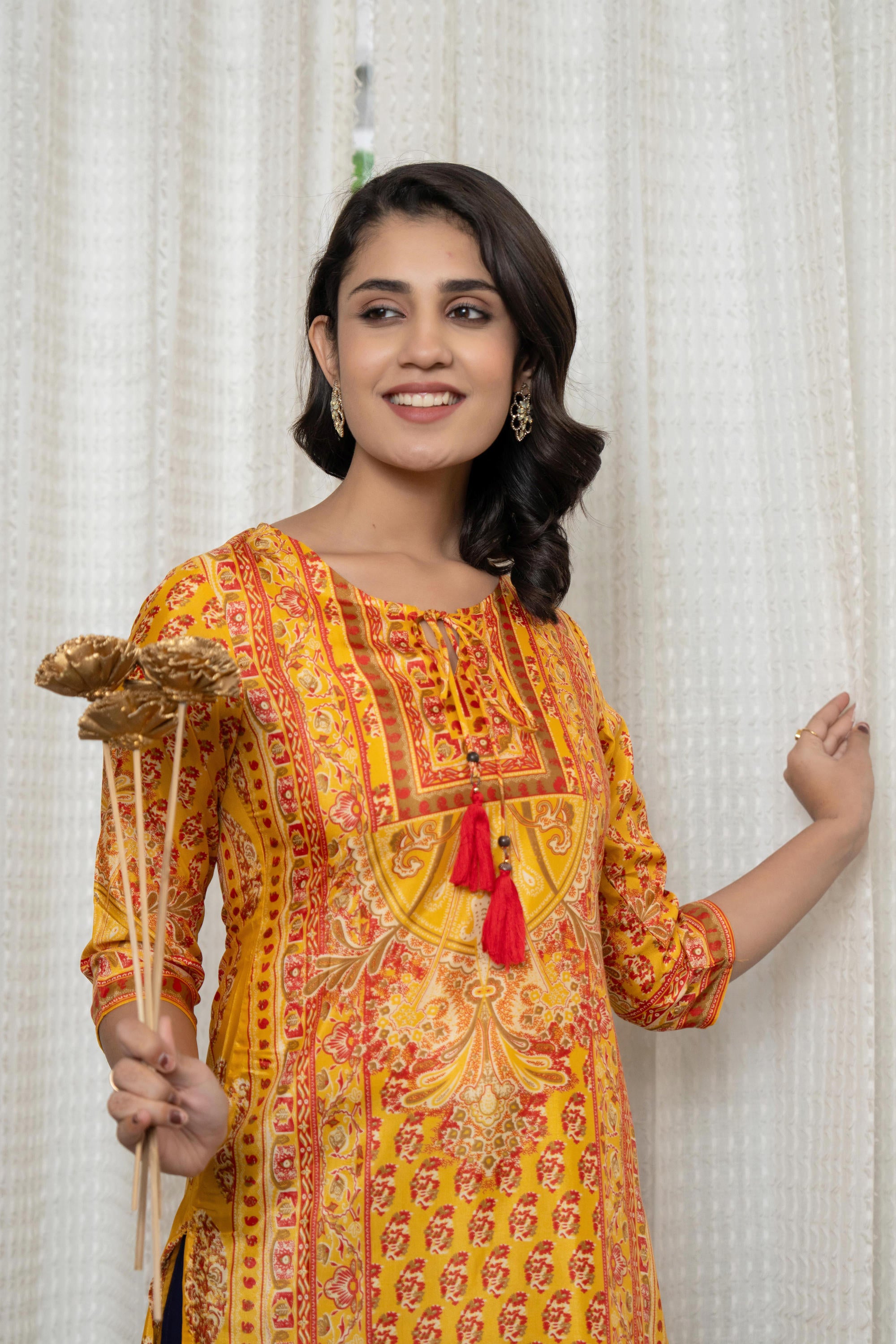 Mustard Ethnic Motif Printed Shantoon Kurta With Doris & Tassels