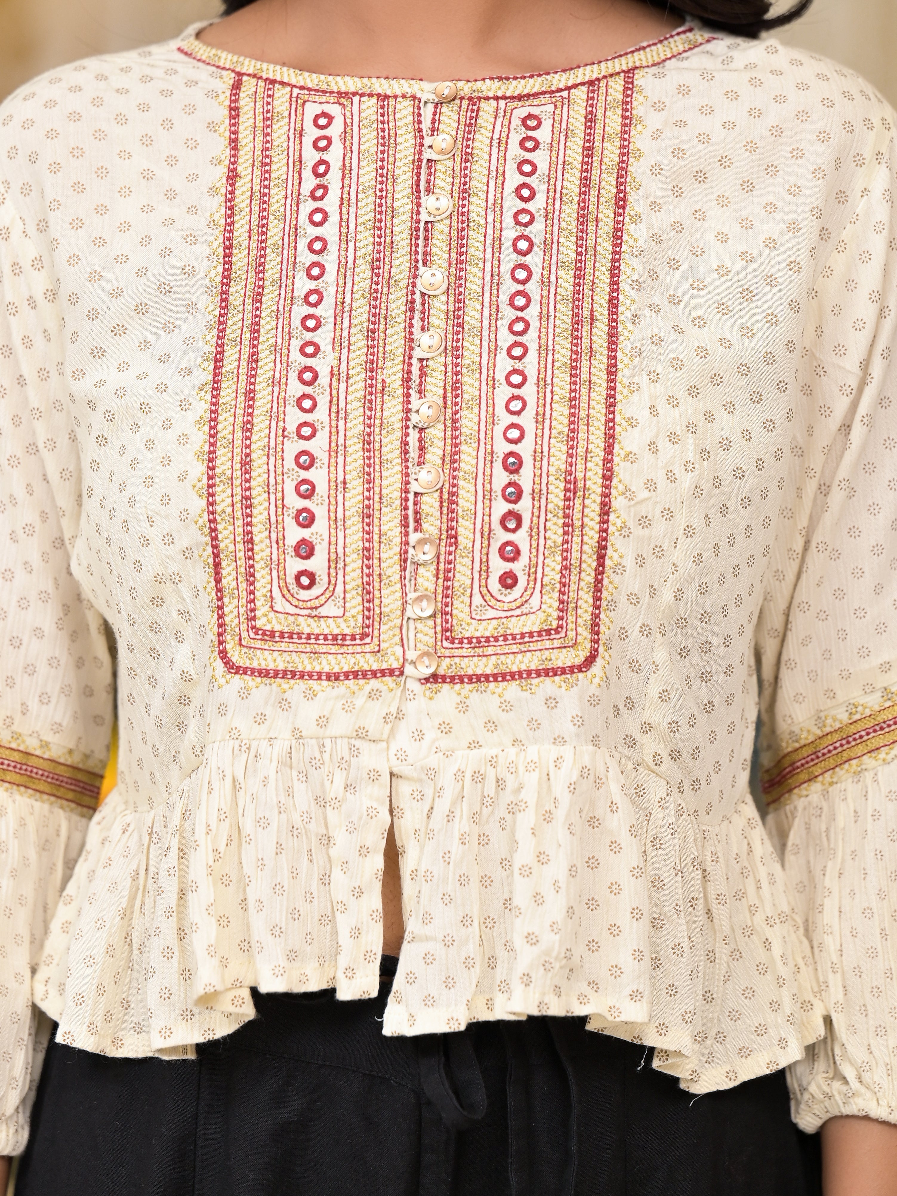 Ivory Ethnic Motif Printed Liva Rayon Top With Zari Thread Work & Buttons